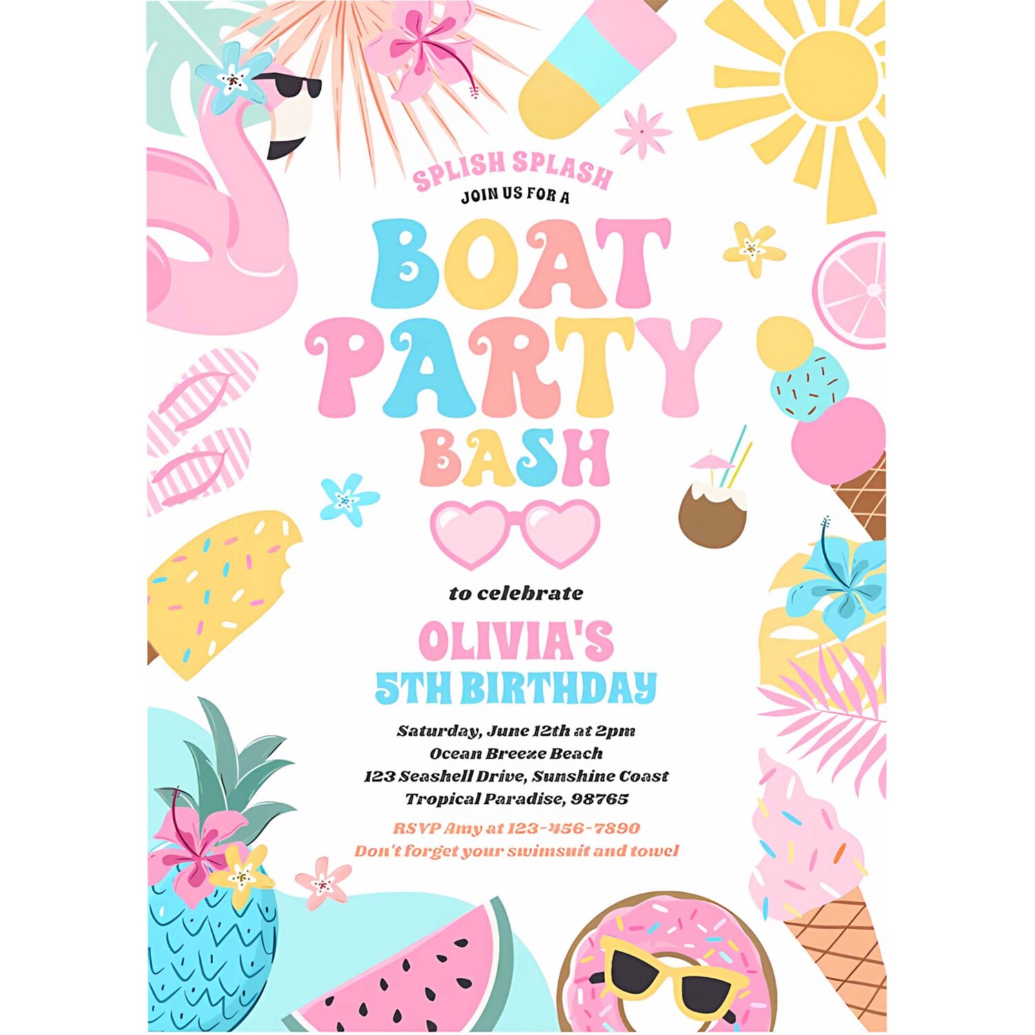 Tropical boat lake ocean marina birthday party invitation e42w 4