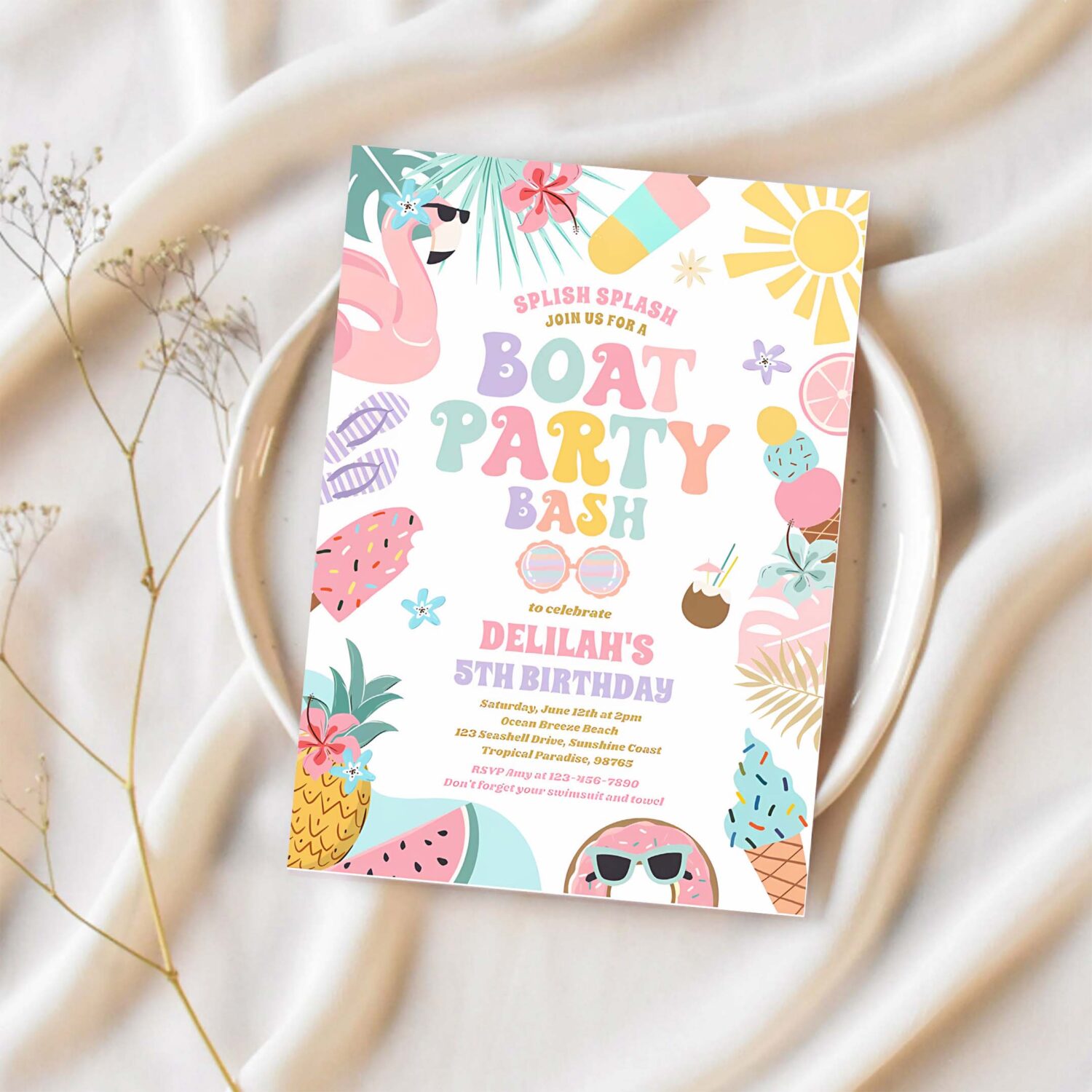 Tropical boat lake ocean marina birthday party invitation j16o 1
