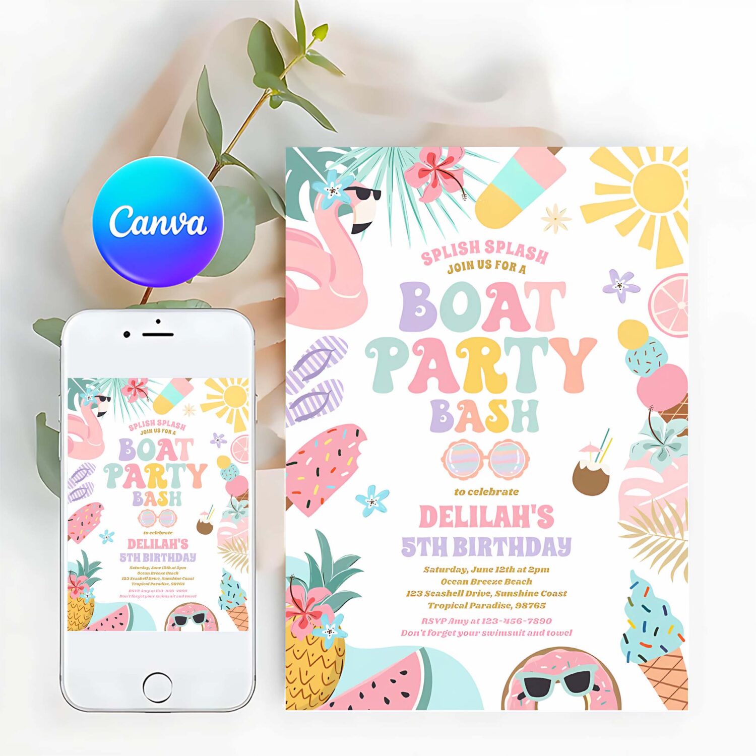 Tropical boat lake ocean marina birthday party invitation j16o