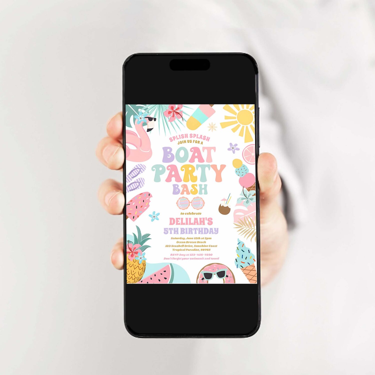 Tropical boat lake ocean marina birthday party invitation j16o 2