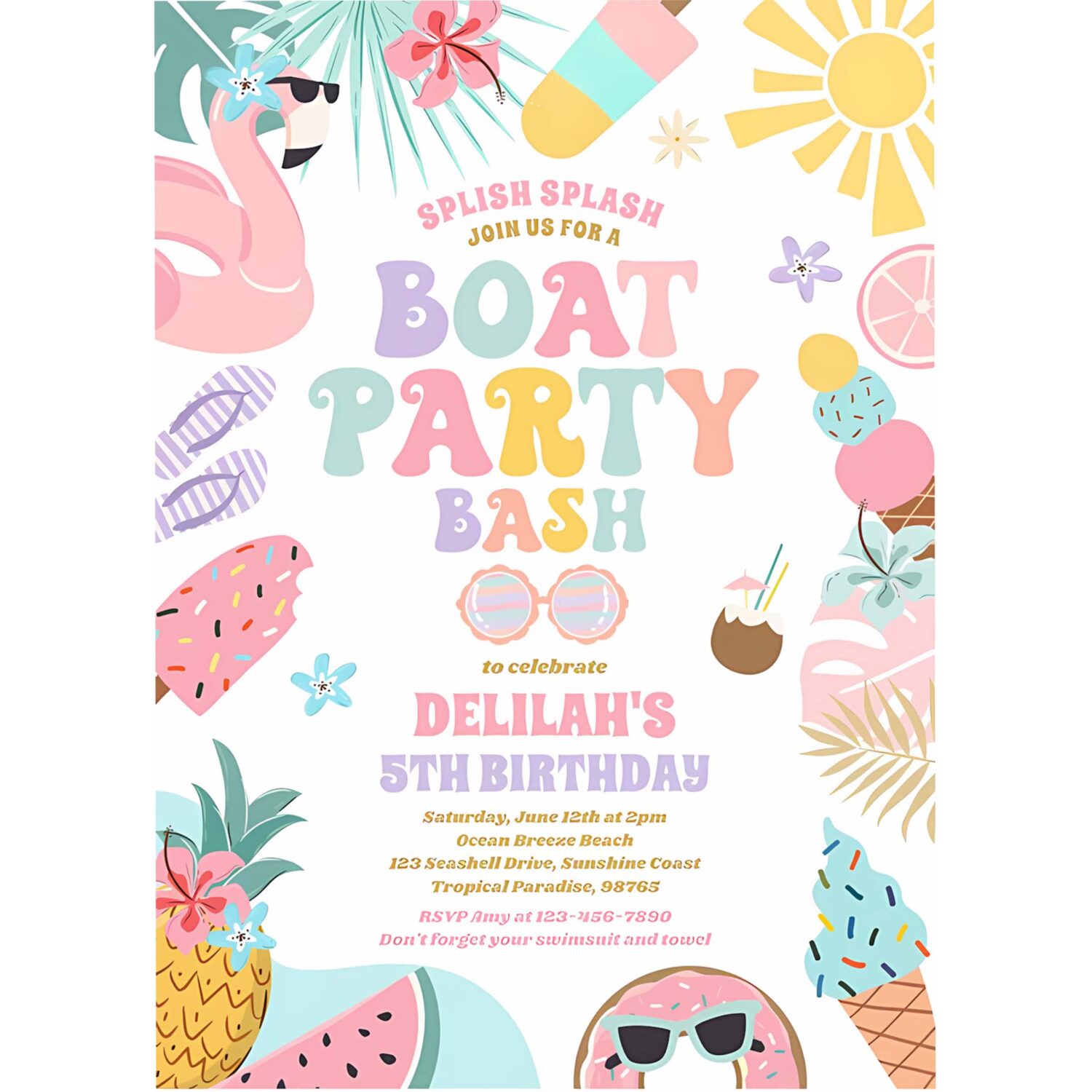 Tropical boat lake ocean marina birthday party invitation j16o 4
