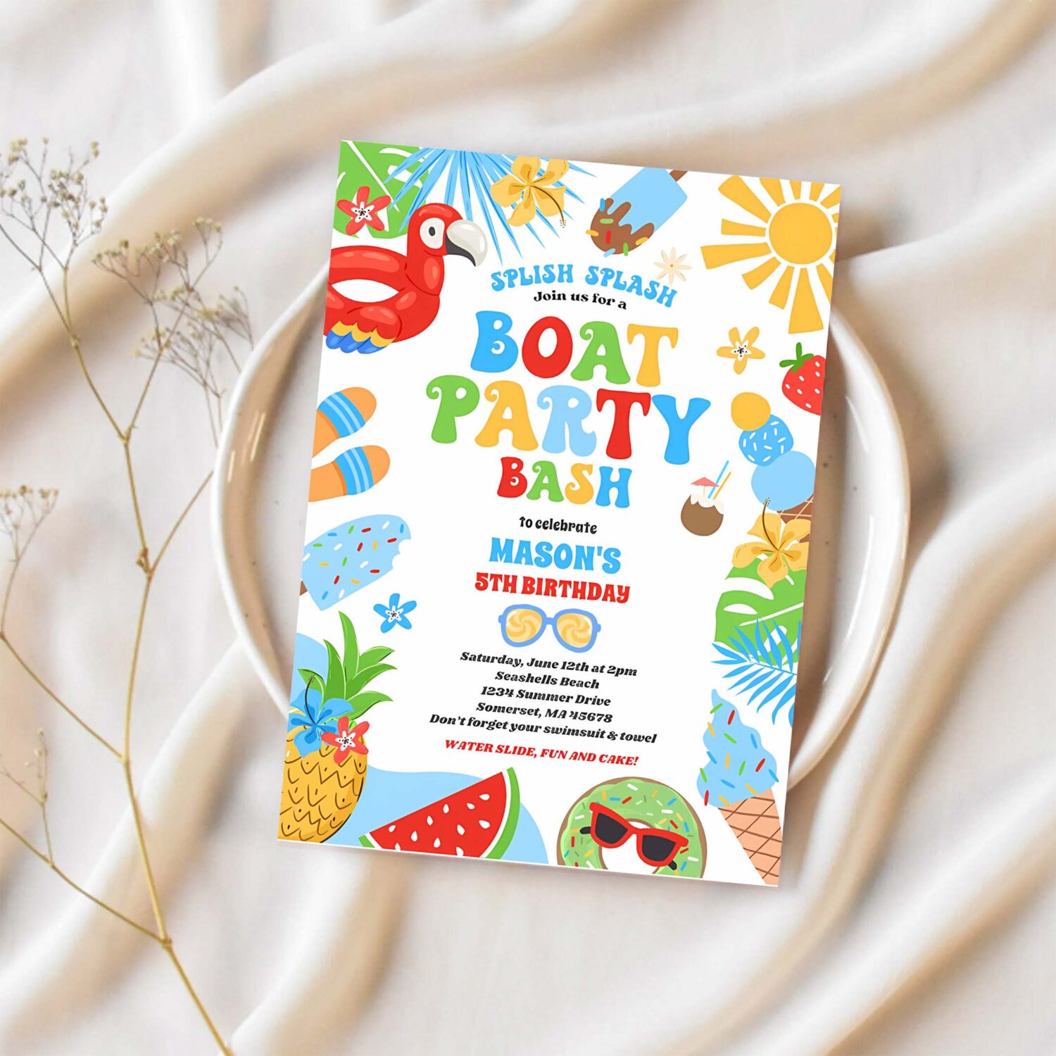 Tropical boat lake ocean marina birthday party invitation x67u 1