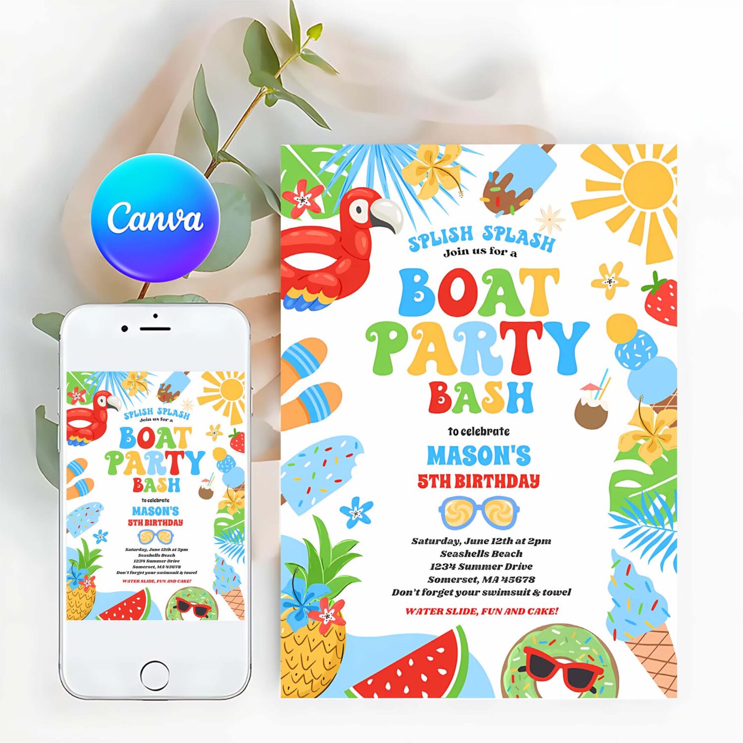 Tropical boat lake ocean marina birthday party invitation x67u