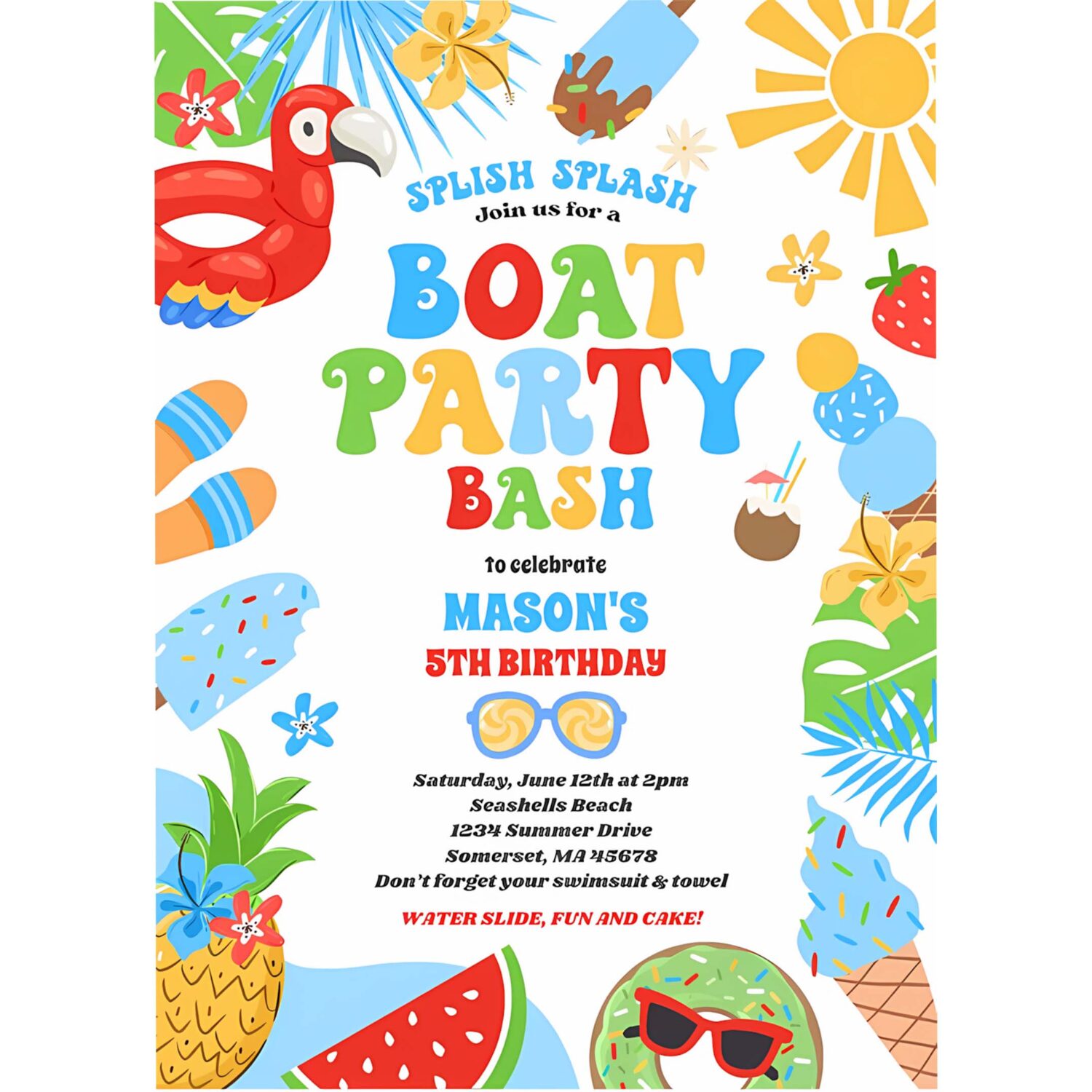 Tropical boat lake ocean marina birthday party invitation x67u 4