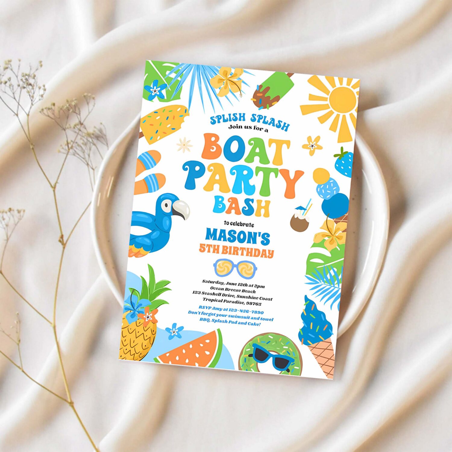 Tropical boat lake ocean marina birthday party invitation y75l 1