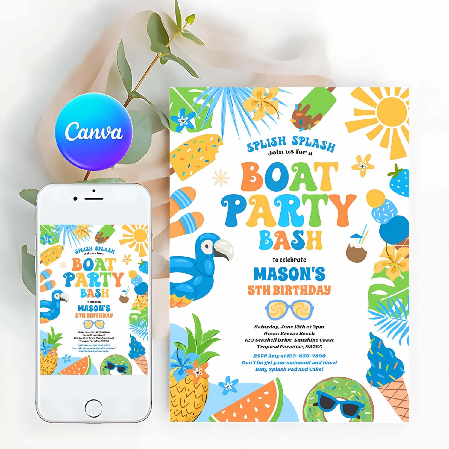 Tropical boat lake ocean marina birthday party invitation y75l
