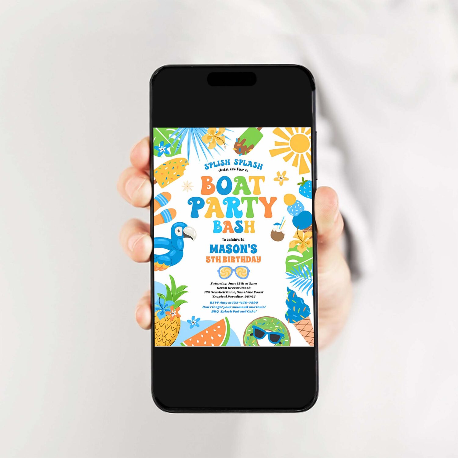 Tropical boat lake ocean marina birthday party invitation y75l 2