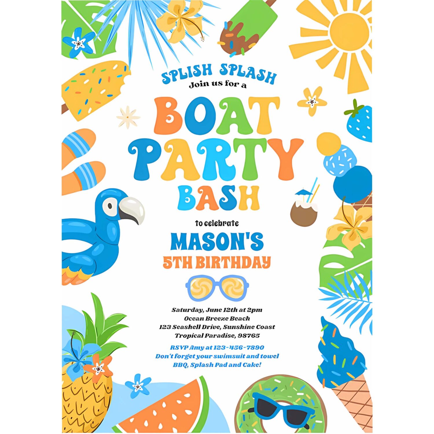 Tropical boat lake ocean marina birthday party invitation y75l 4