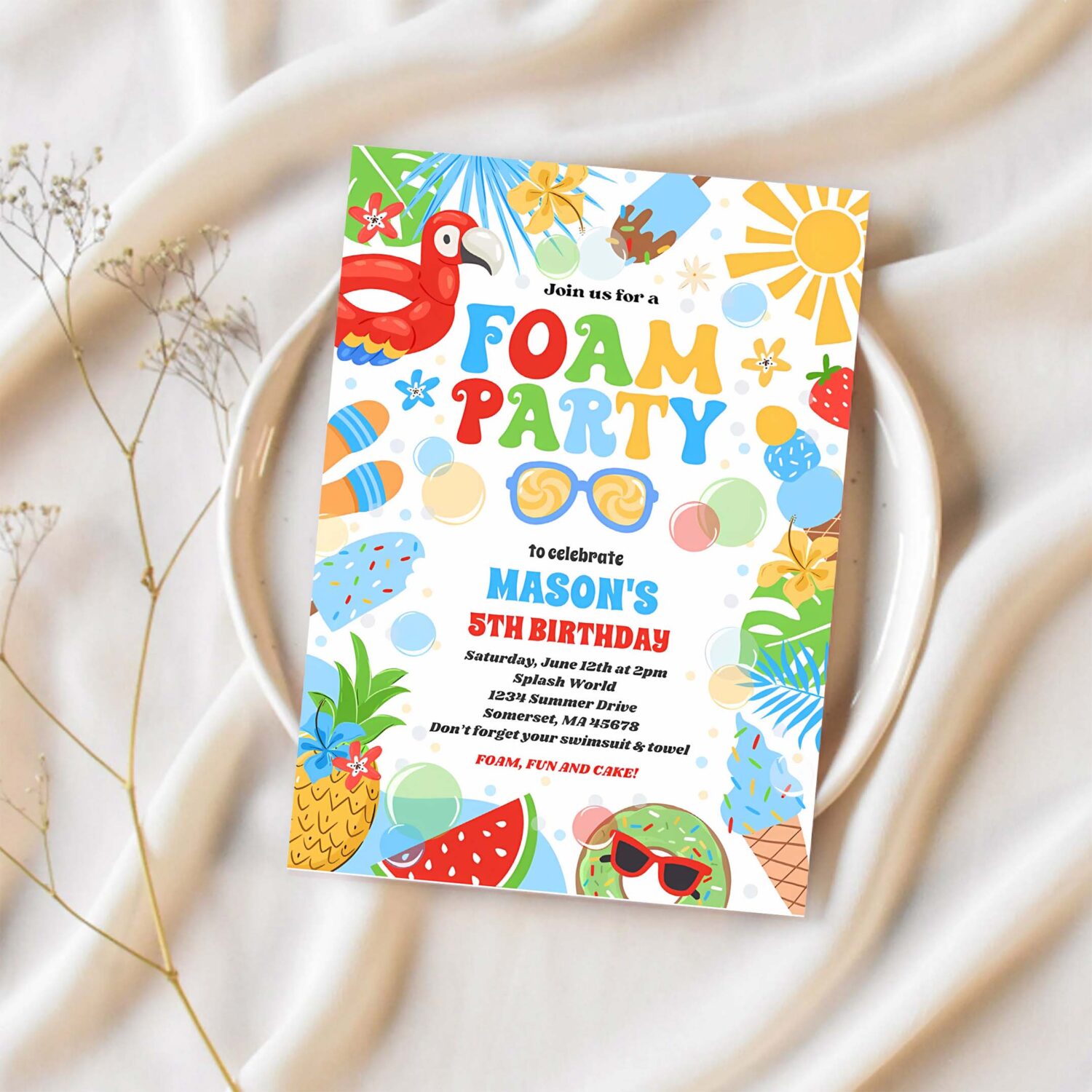 Tropical foam pool splash pad birthday party invitation l18o 1