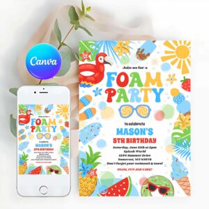 Tropical Beach Invitation, Tropical Foam Pool Splash Pad Birthday Party Invitation