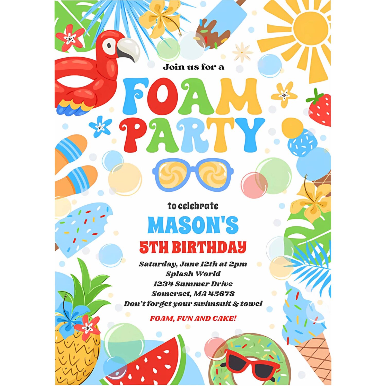 Tropical foam pool splash pad birthday party invitation l18o 4
