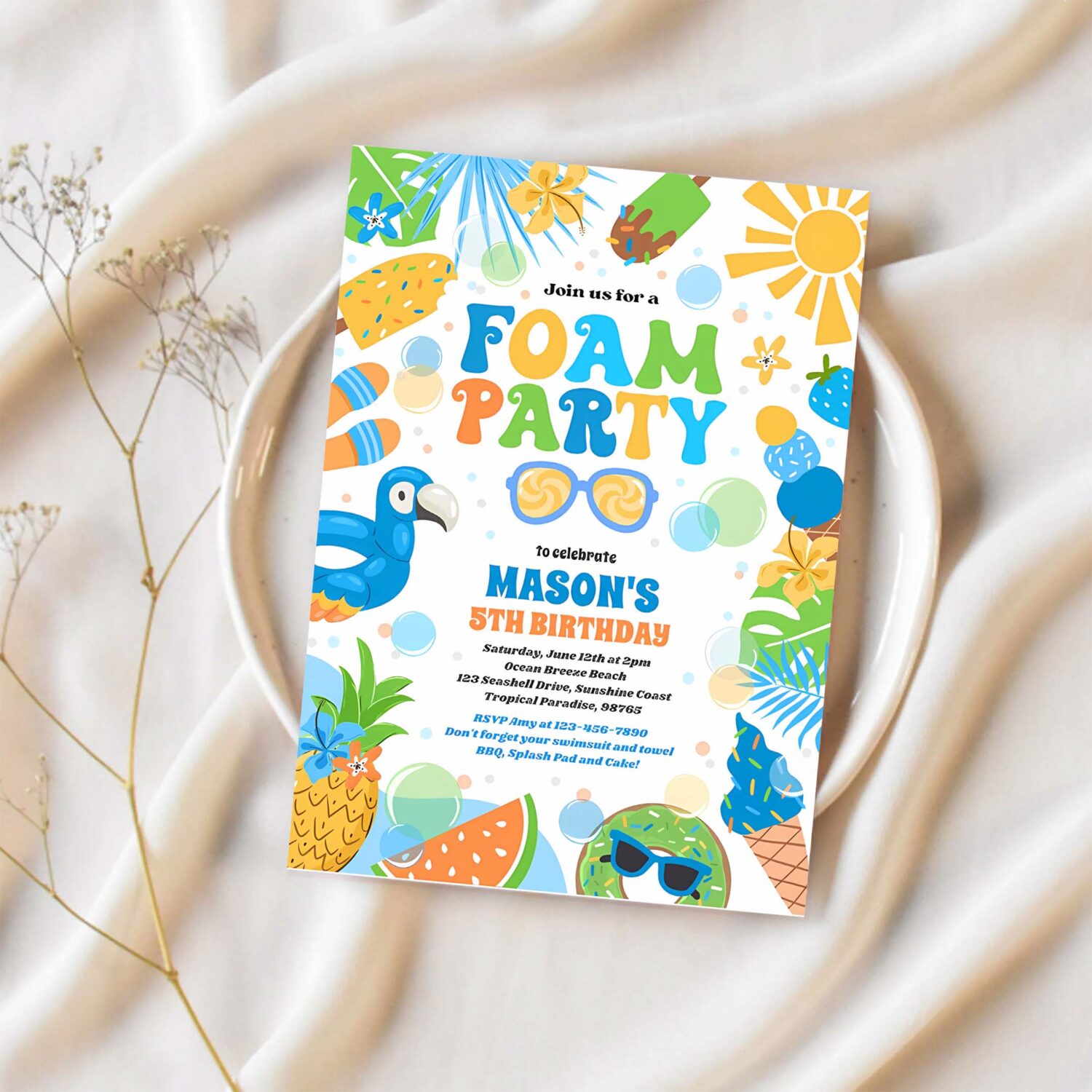 Tropical foam pool splash pad birthday party invitation l82t 1