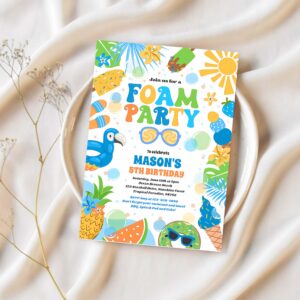 Tropical foam pool splash pad birthday party invitation l82t 1