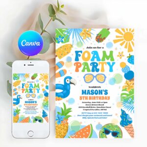 Tropical Beach Invitation, Tropical Foam Pool Splash Pad Birthday Party Invitation