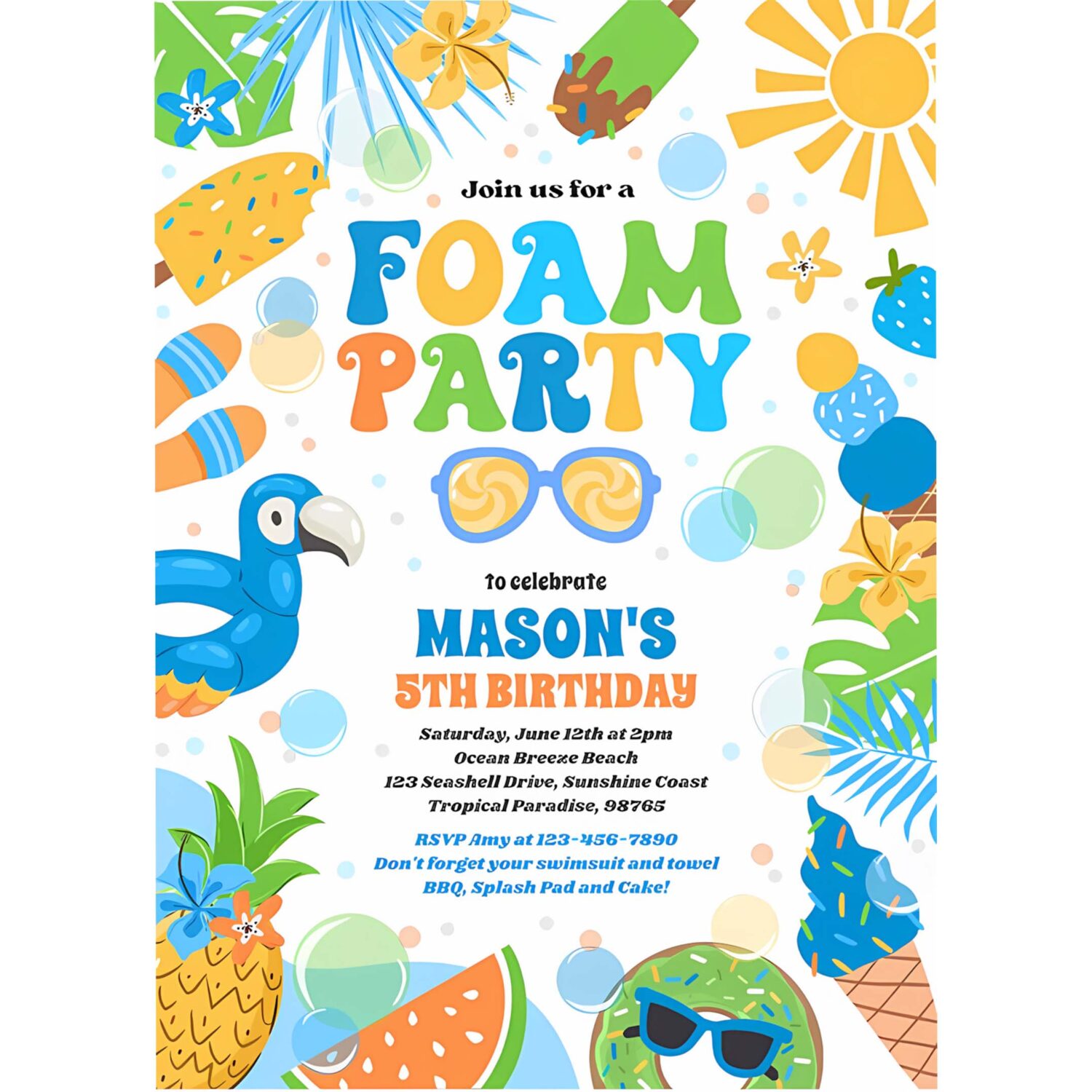 Tropical foam pool splash pad birthday party invitation l82t 4