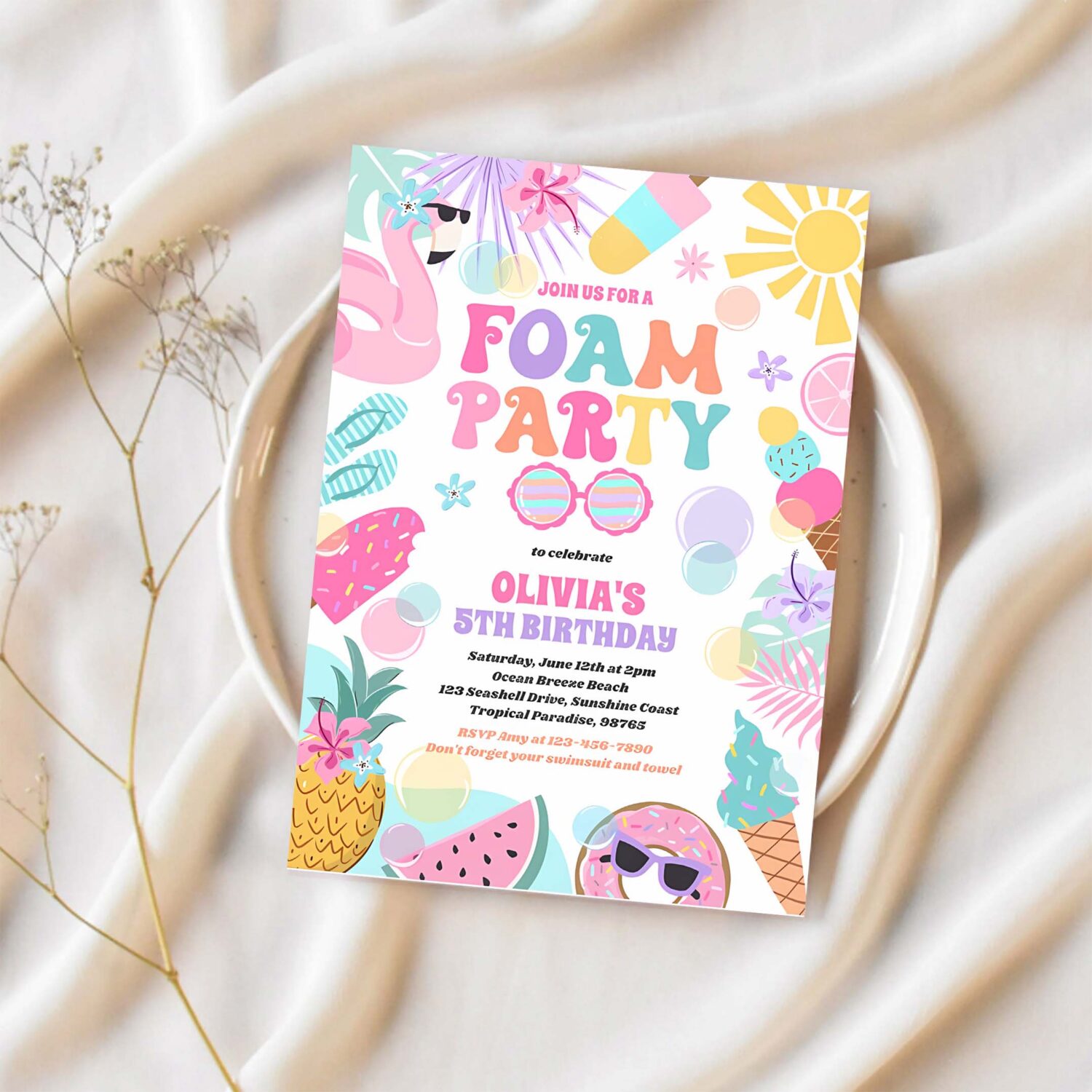 Tropical foam pool splash pad birthday party invitation s32y 1