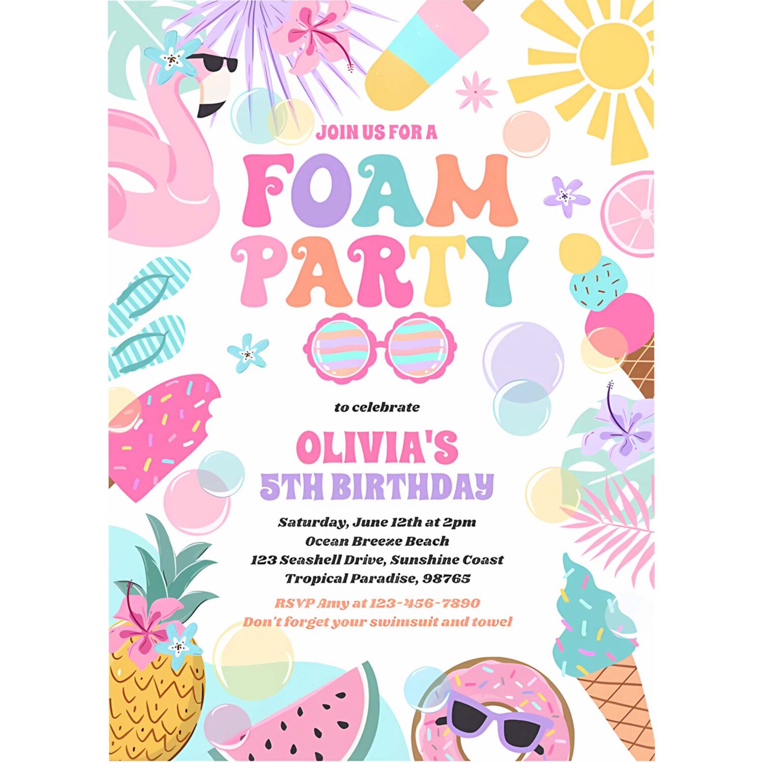 Tropical foam pool splash pad birthday party invitation s32y 4