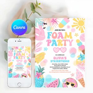 Tropical Beach Invitation, Tropical Foam Pool Splash Pad Birthday Party Invitation