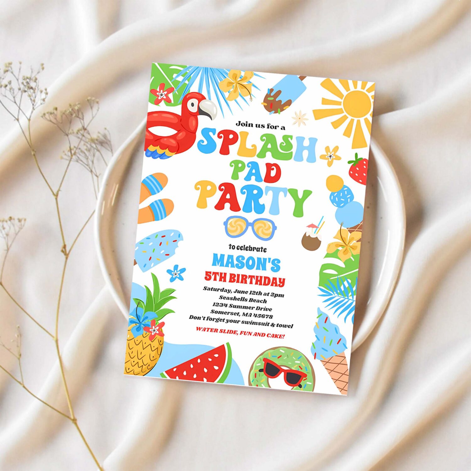 Tropical splash pad summer birthday party invitation b67s 1