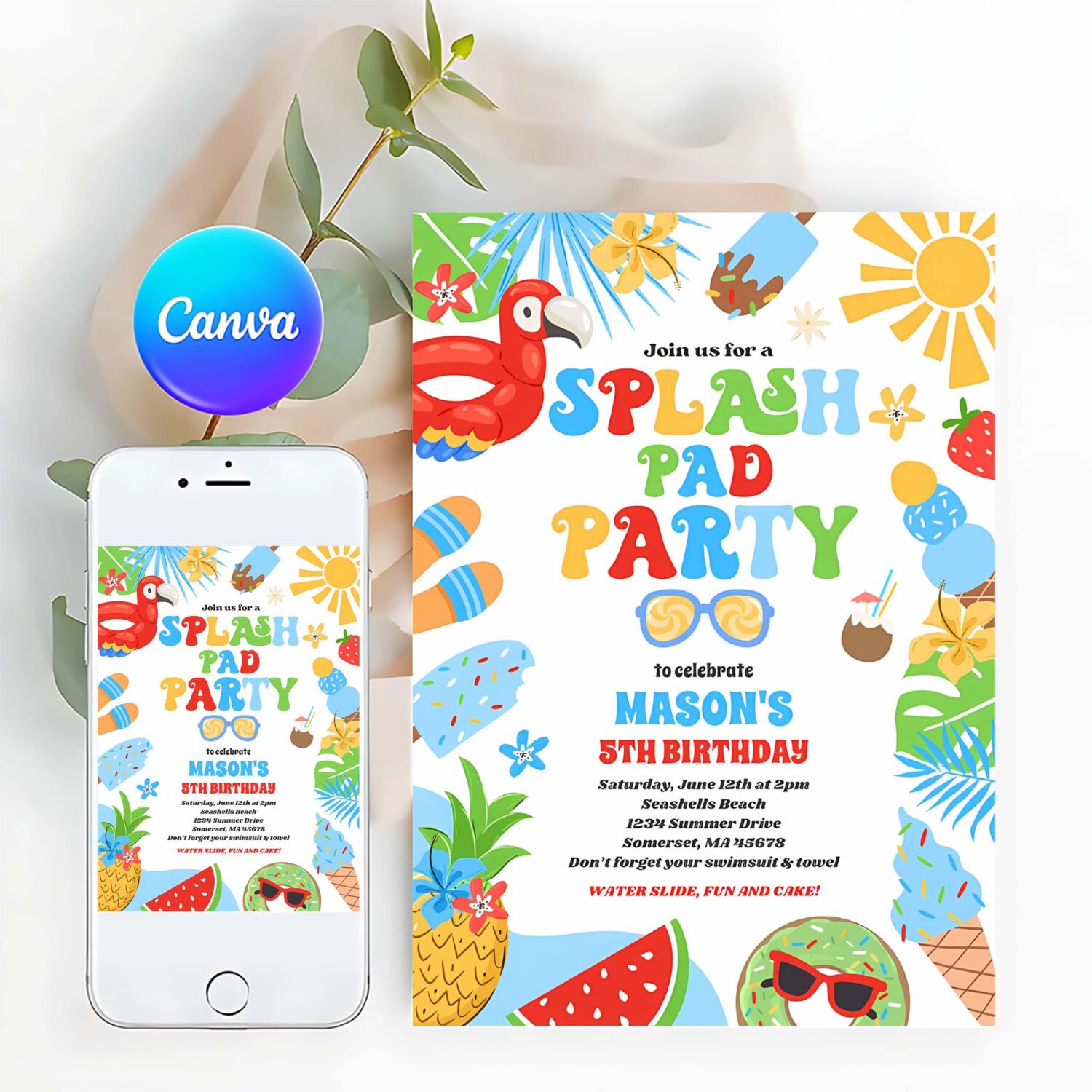 Tropical splash pad summer birthday party invitation b67s