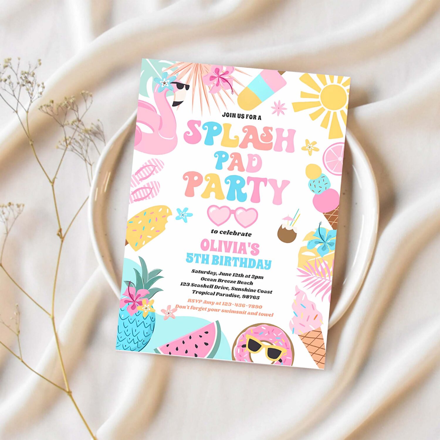 Tropical splash pad summer birthday party invitation f74r 1