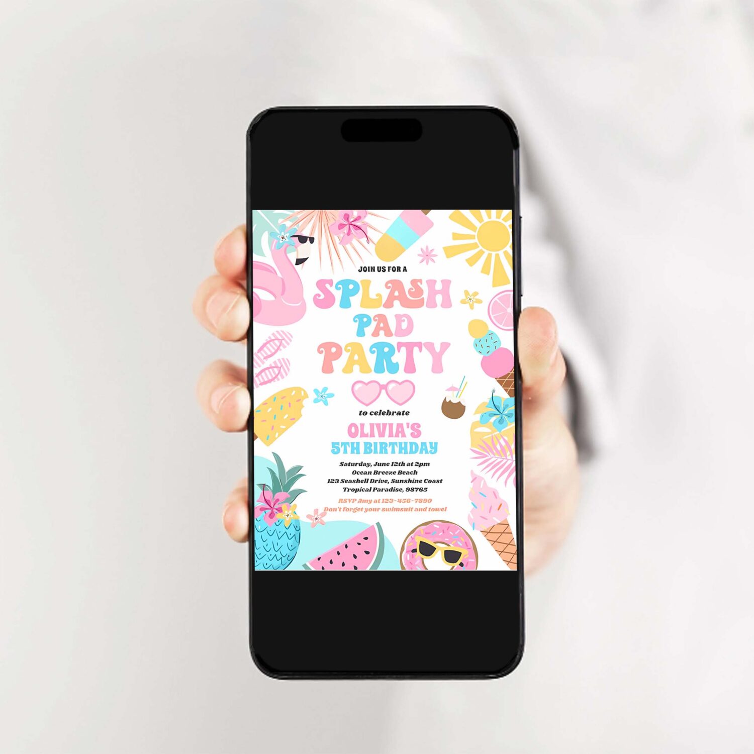 Tropical splash pad summer birthday party invitation f74r 2