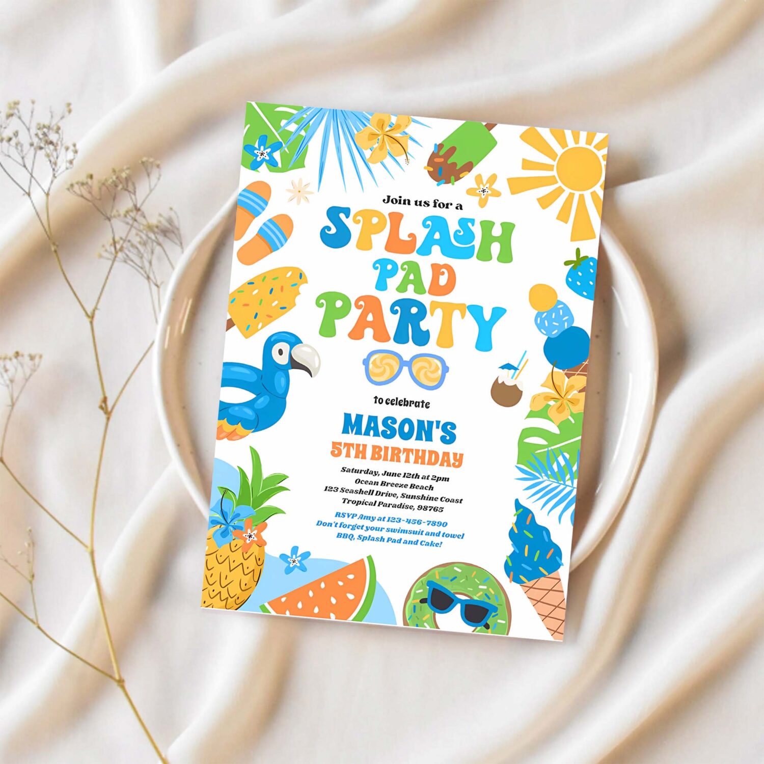 Tropical splash pad summer birthday party invitation i98x 1