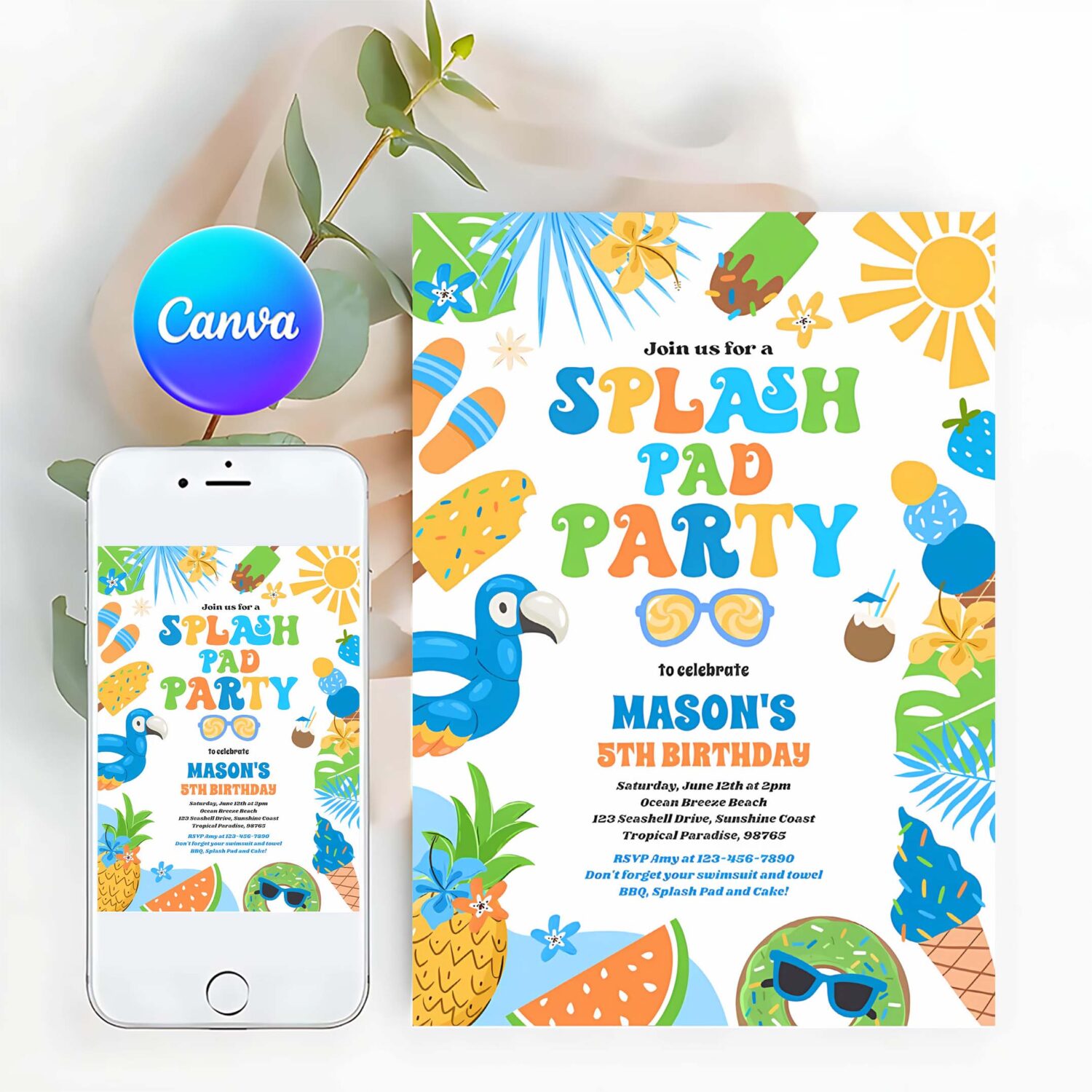 Tropical splash pad summer birthday party invitation i98x