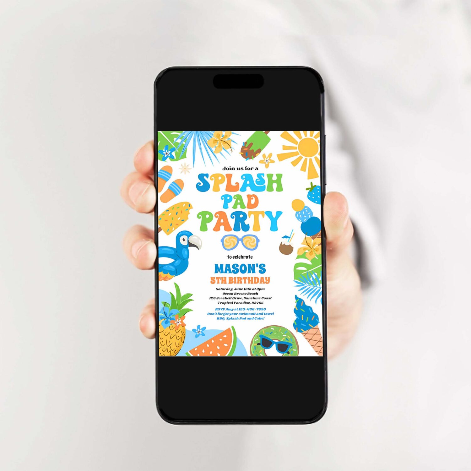 Tropical splash pad summer birthday party invitation i98x 2