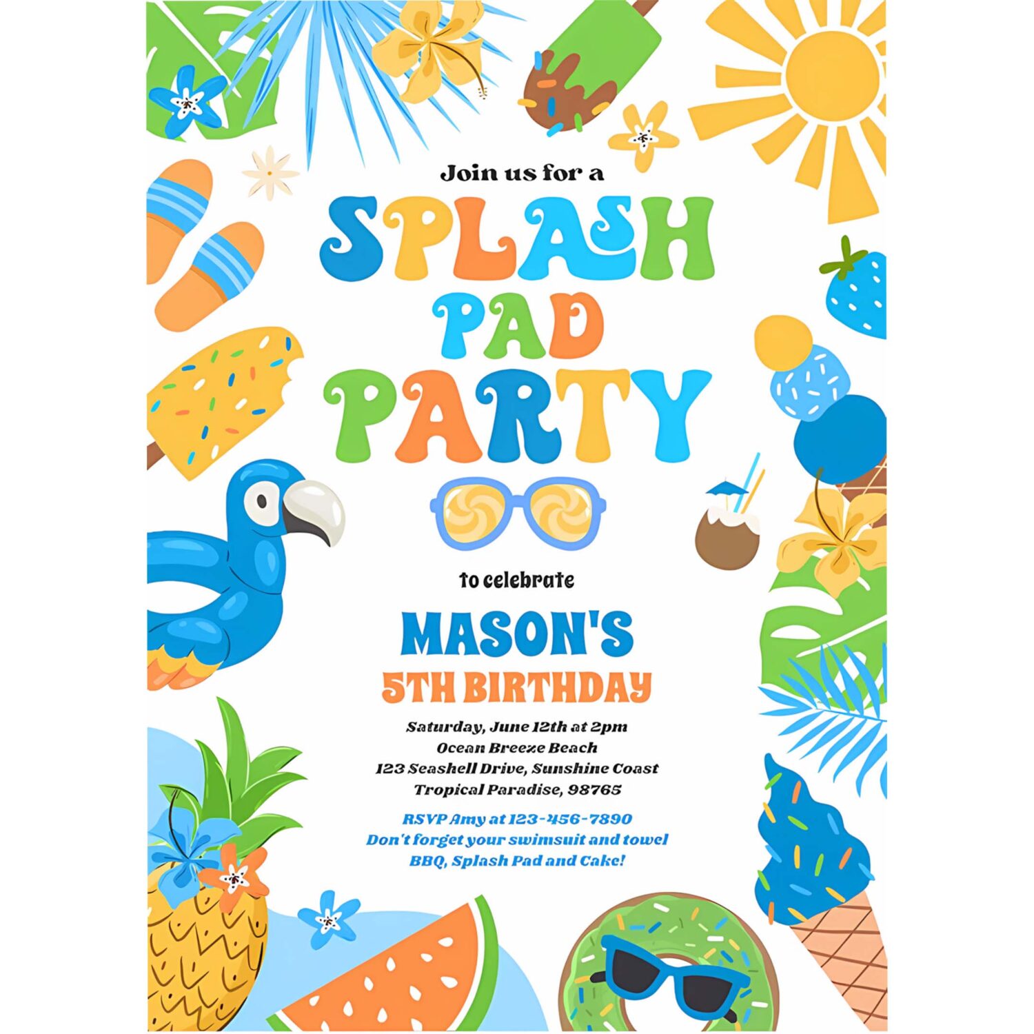 Tropical splash pad summer birthday party invitation i98x 4