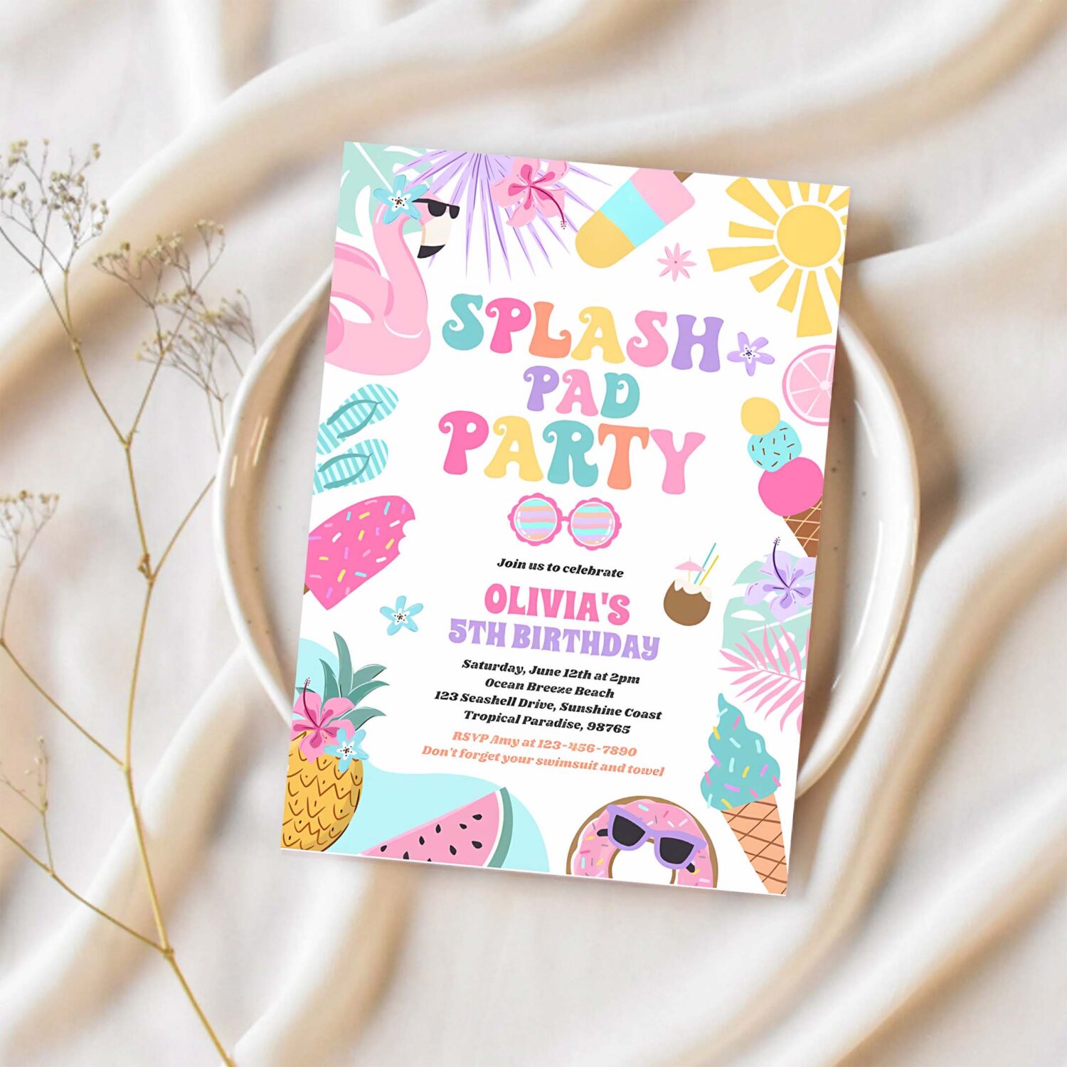 Tropical splash pad summer birthday party invitation w11v 1