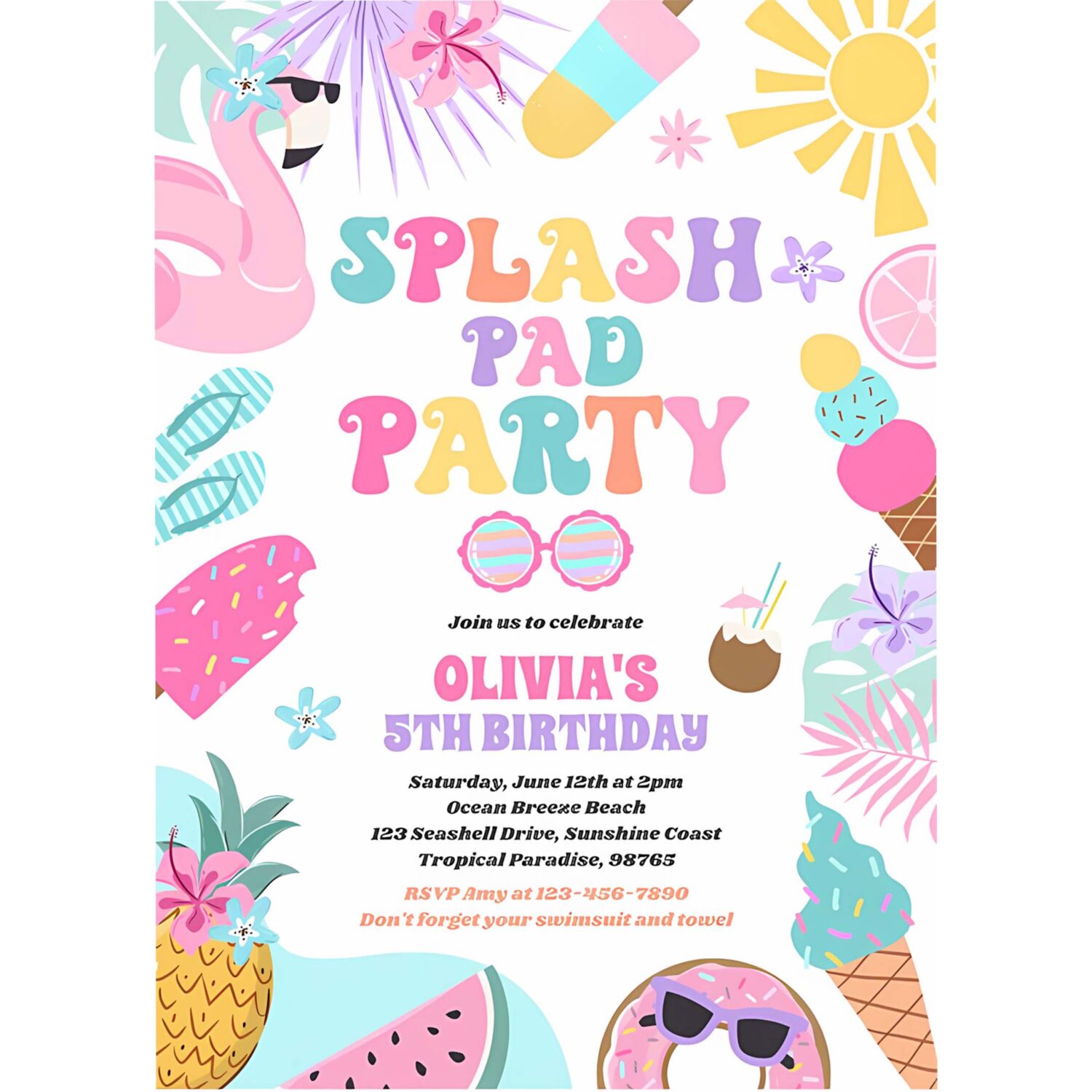 Tropical splash pad summer birthday party invitation w11v 4