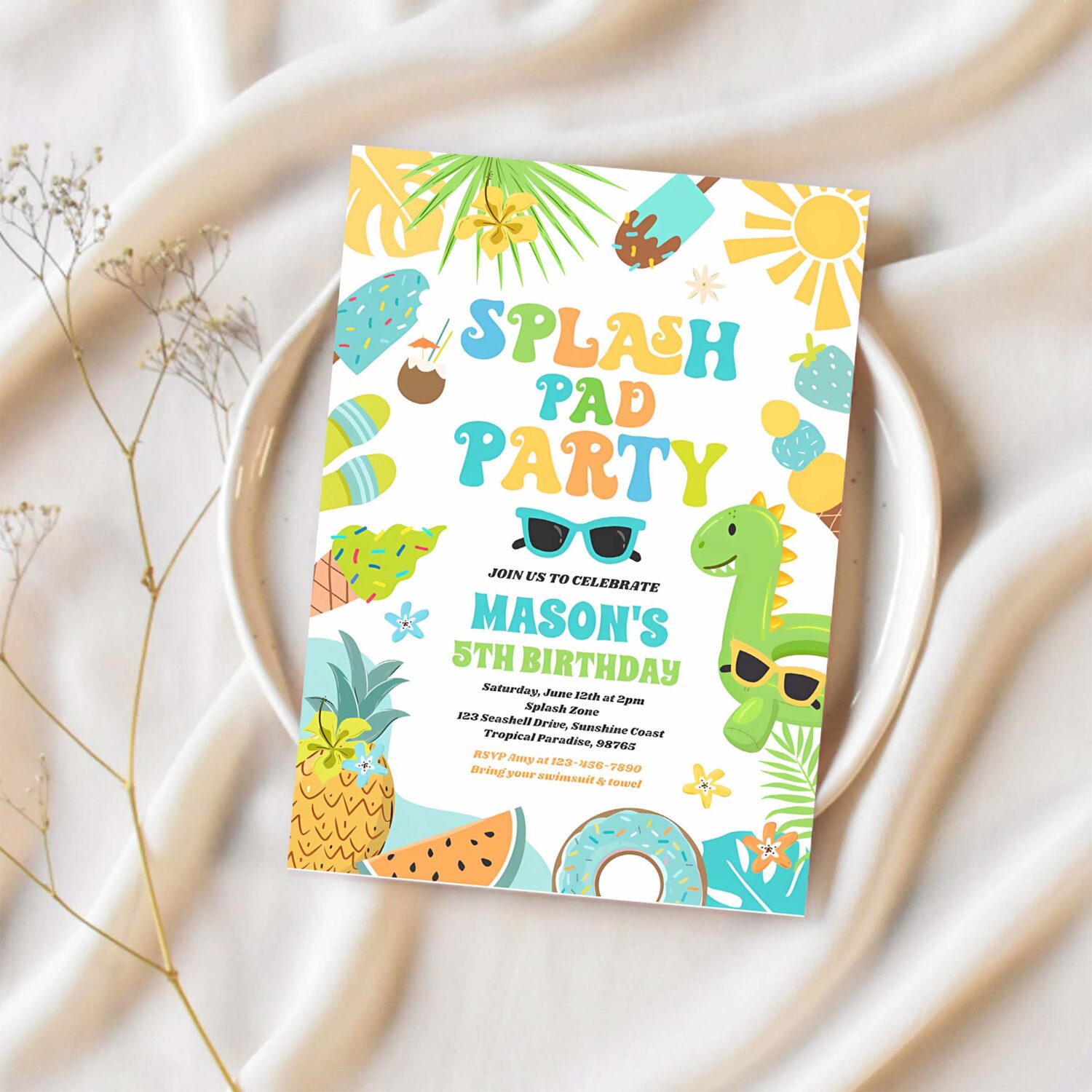 Tropical splash pad summer birthday party invitation x80l 1