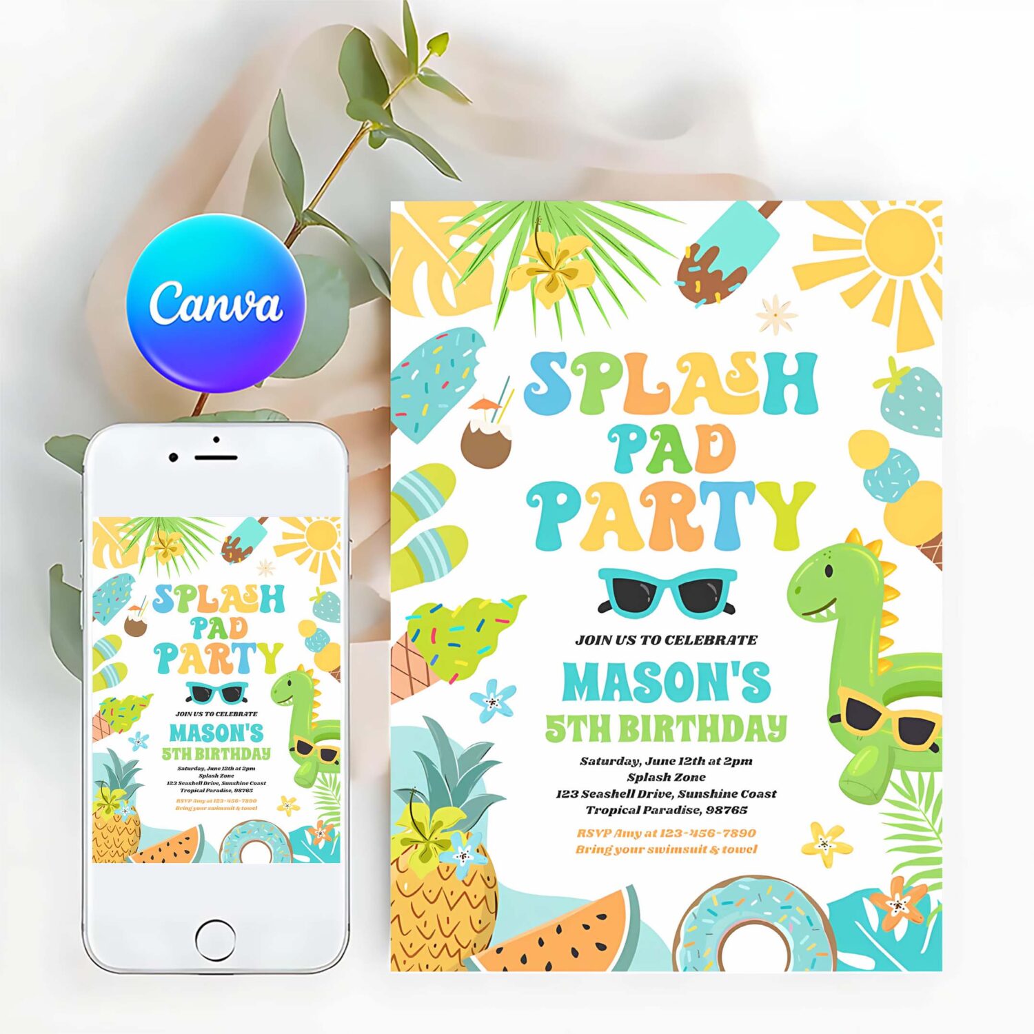 Tropical splash pad summer birthday party invitation x80l