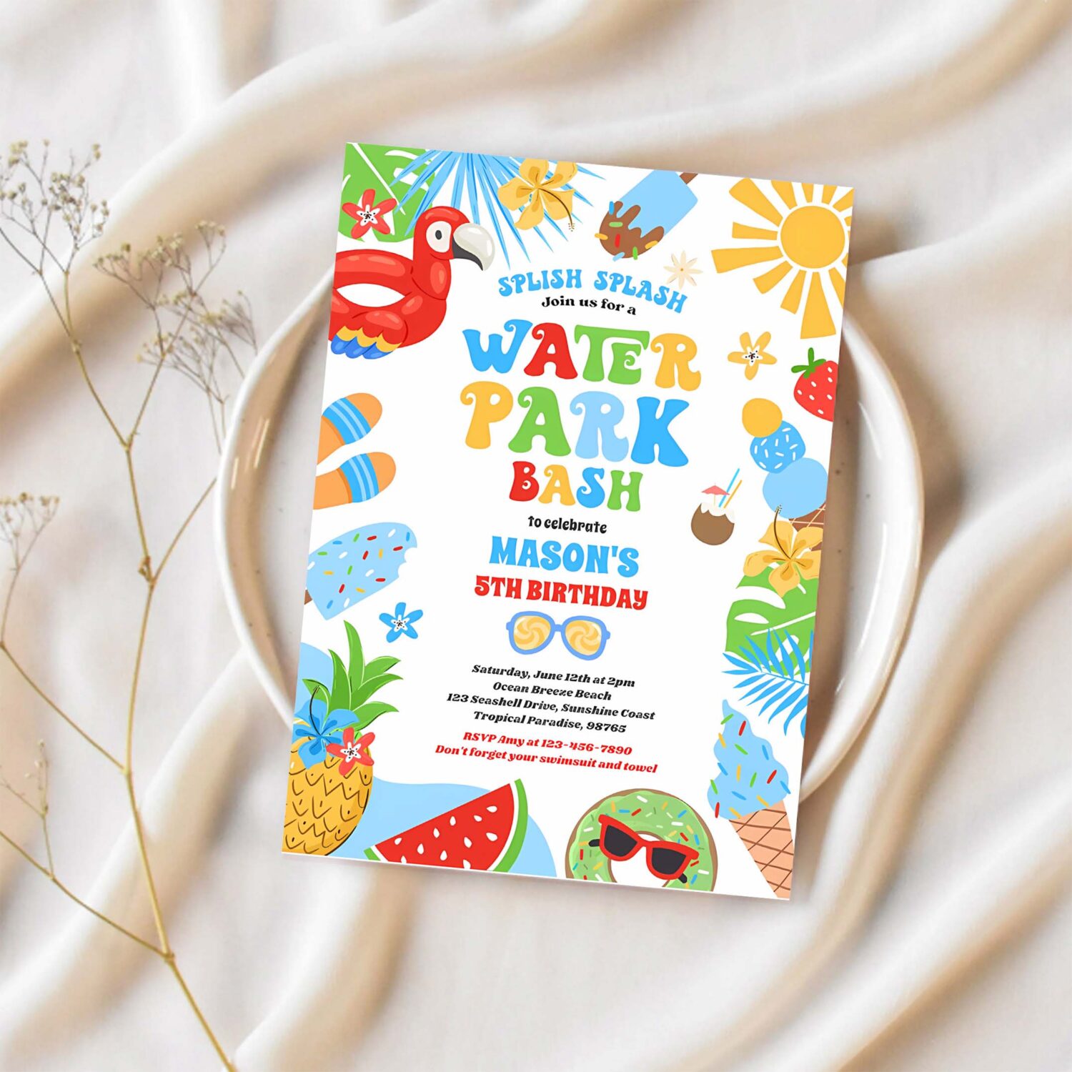 Tropical water park summer birthday party invitation h67o 1