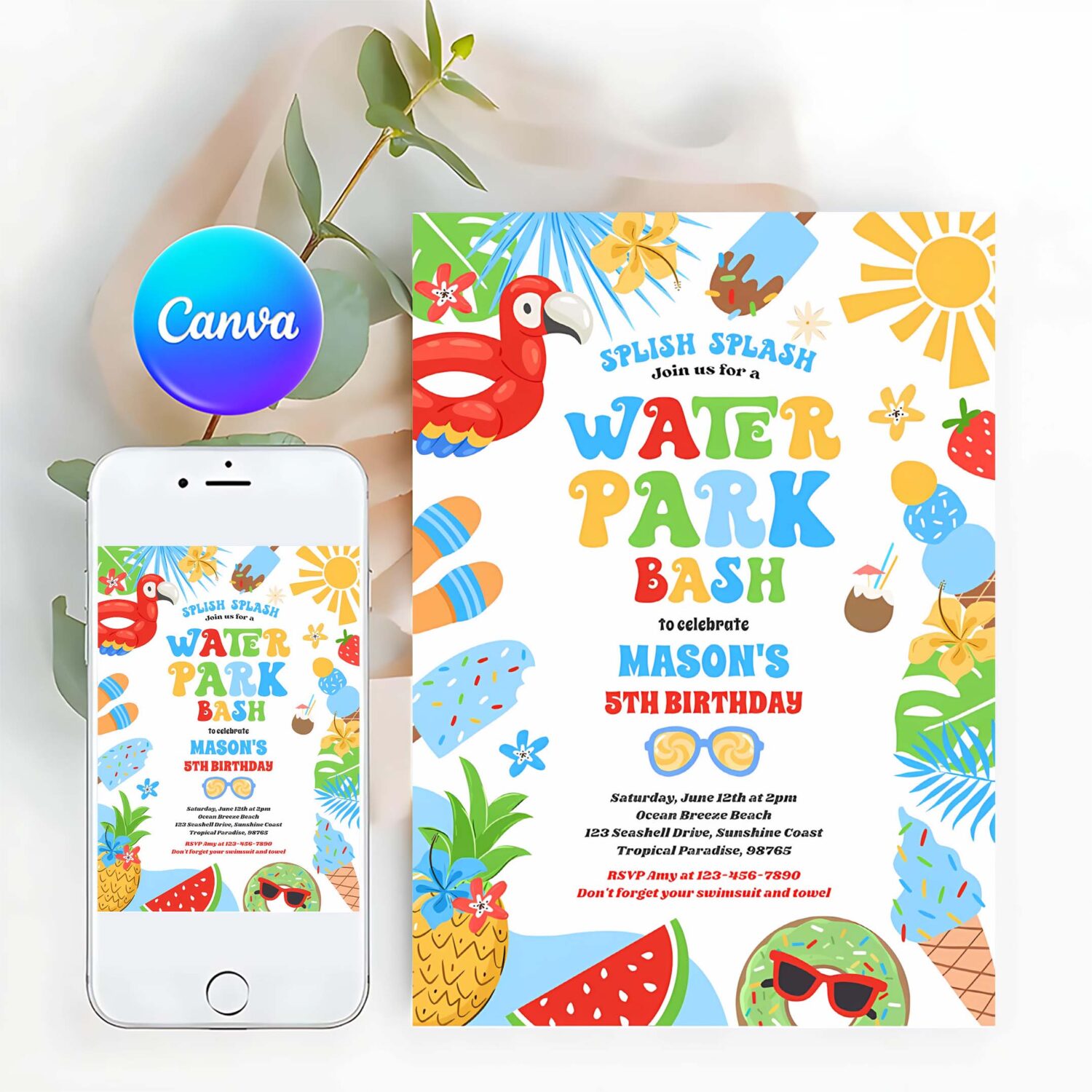 Tropical water park summer birthday party invitation h67o