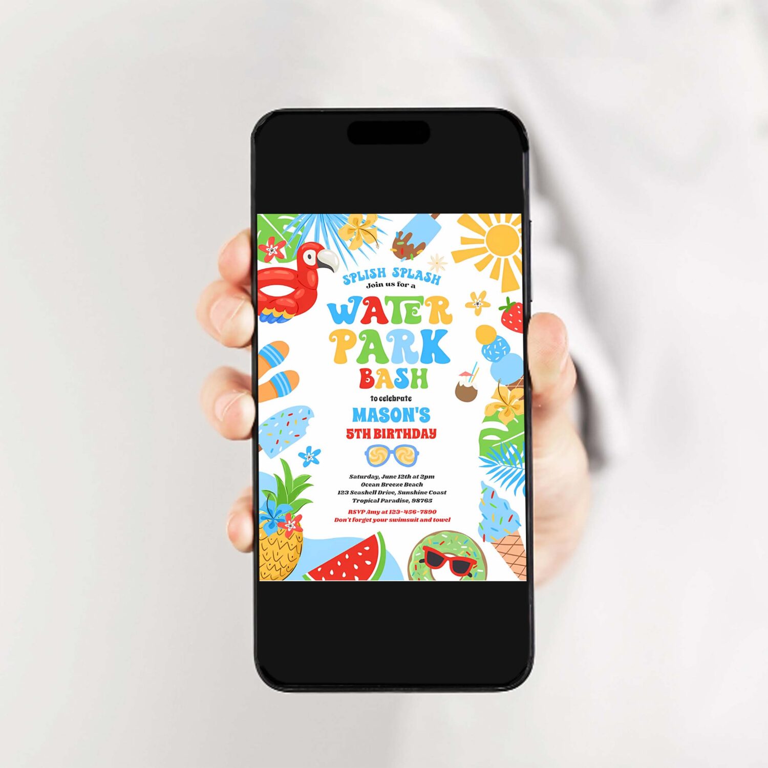 Tropical water park summer birthday party invitation h67o 2