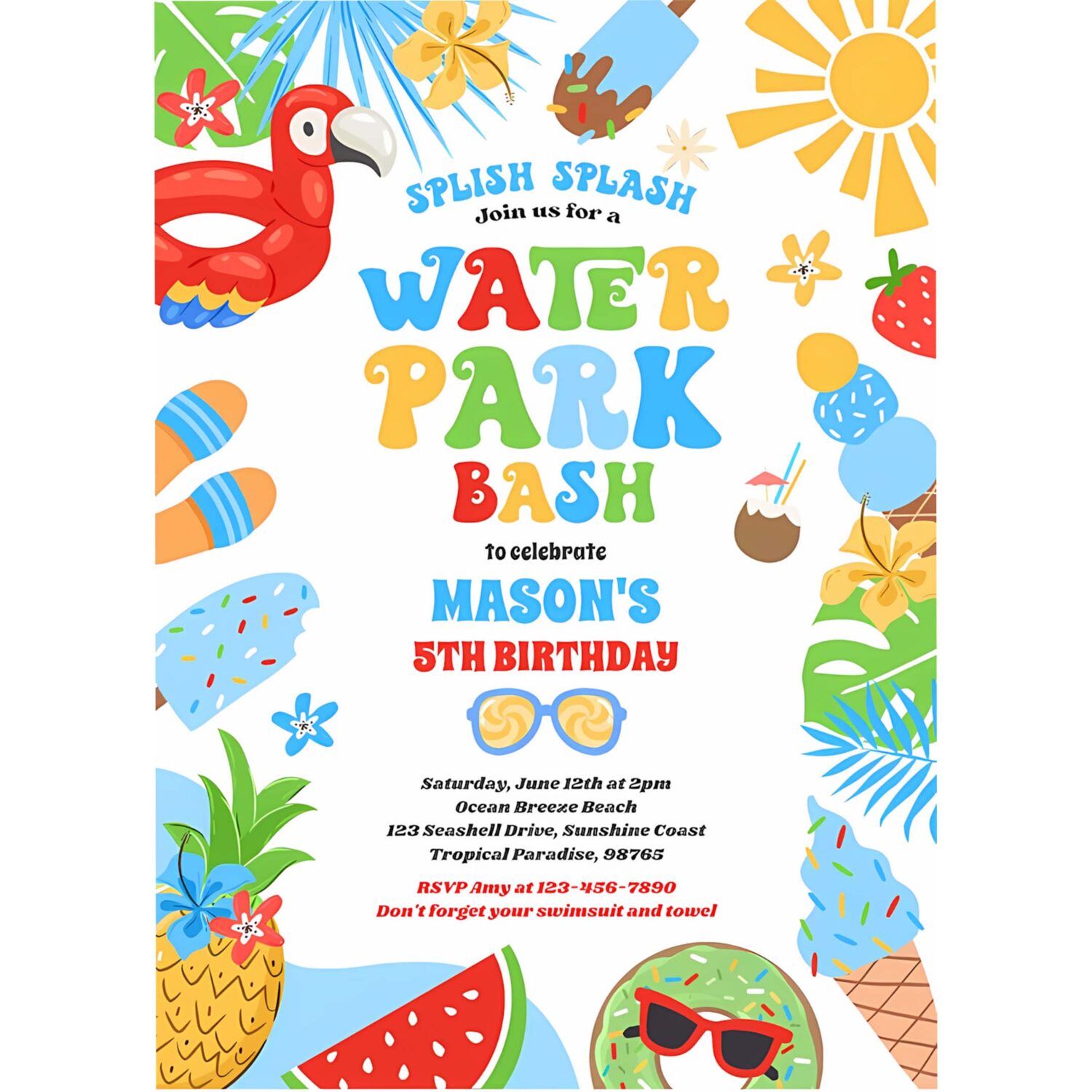 Tropical water park summer birthday party invitation h67o 4