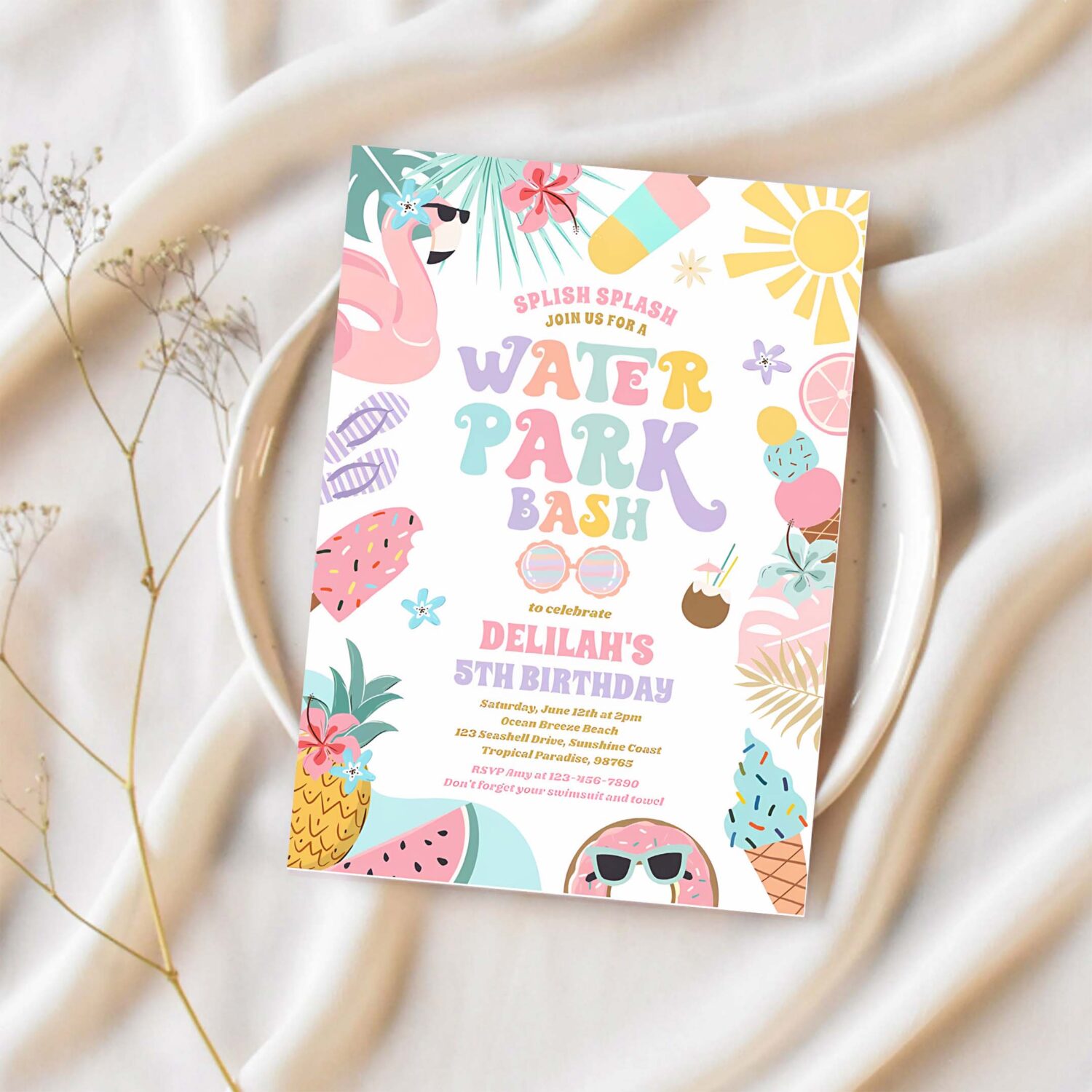 Tropical water park summer birthday party invitation i17g 1