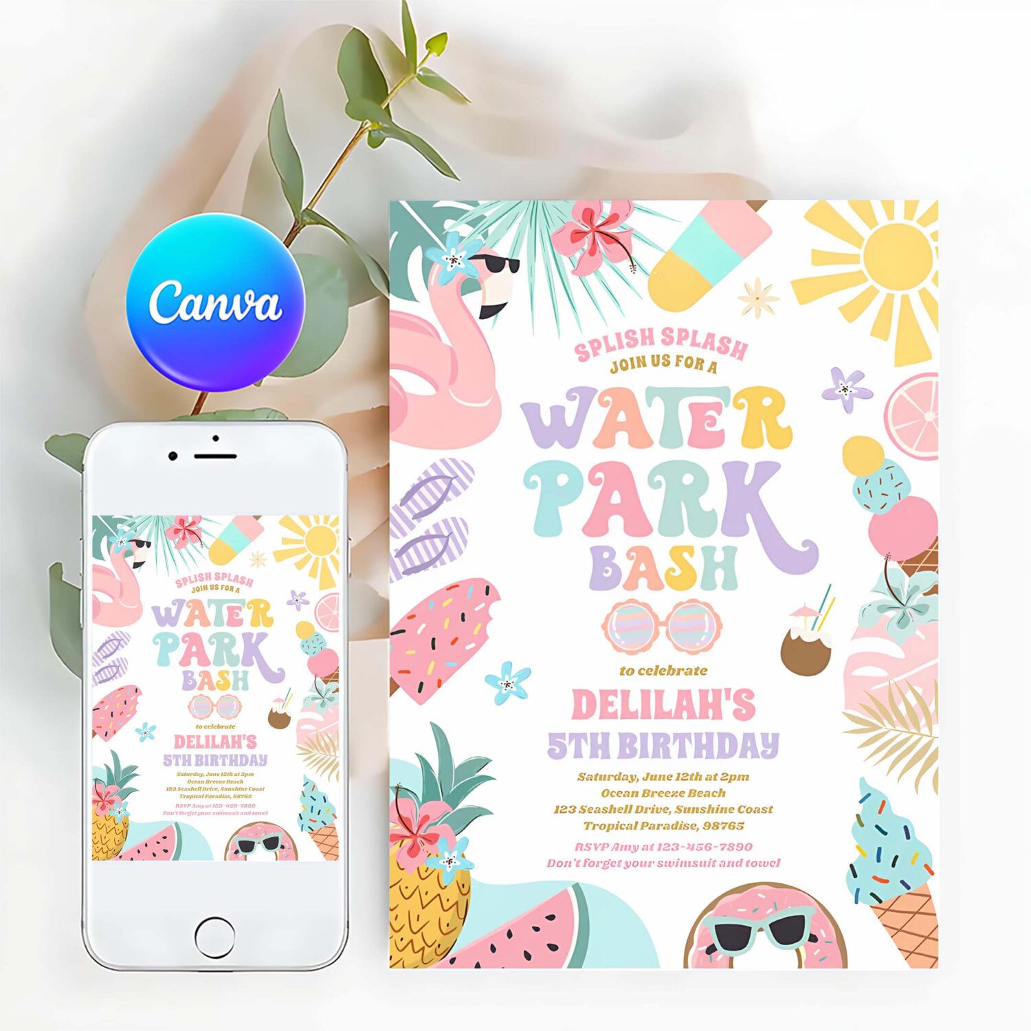 Tropical water park summer birthday party invitation i17g