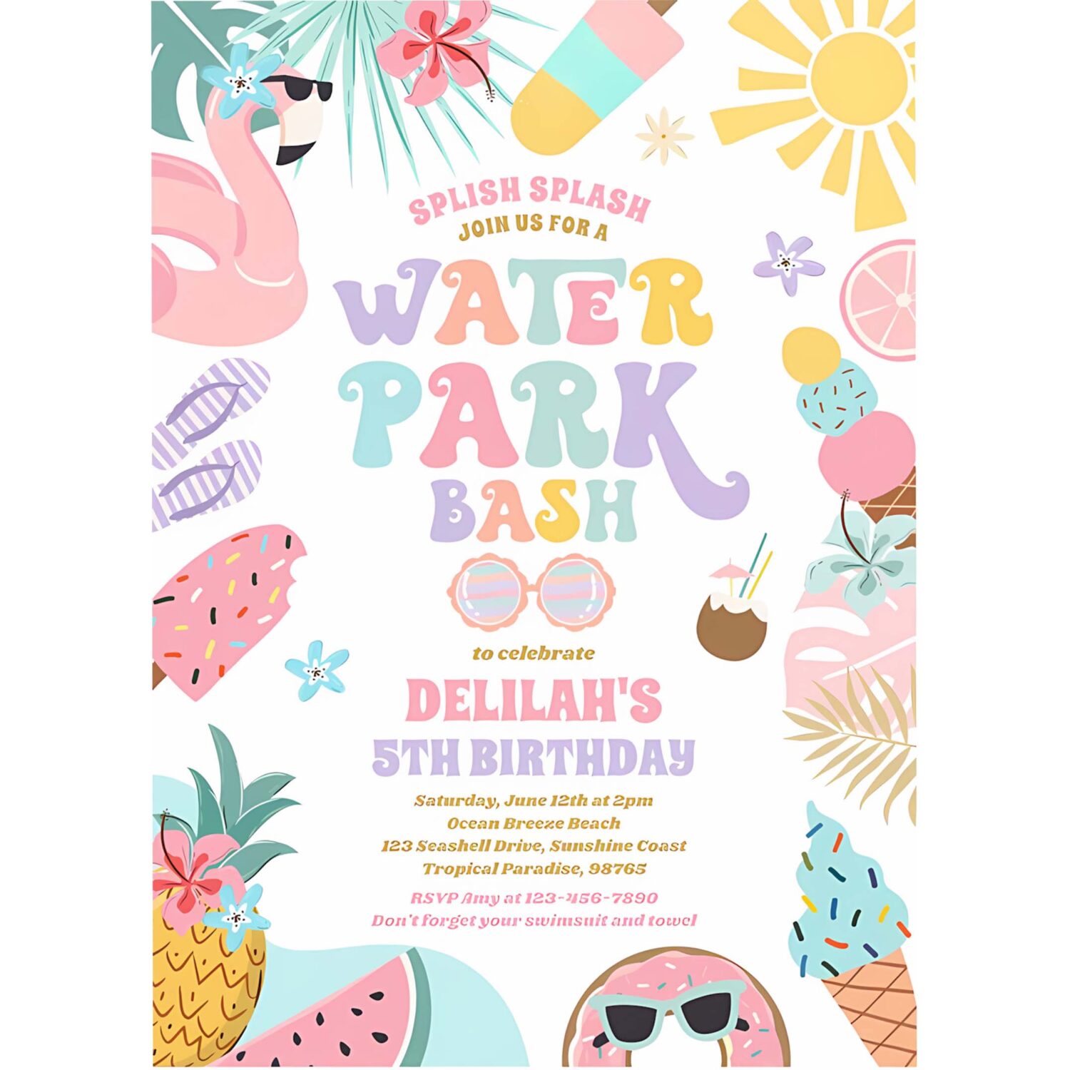 Tropical water park summer birthday party invitation i17g 4