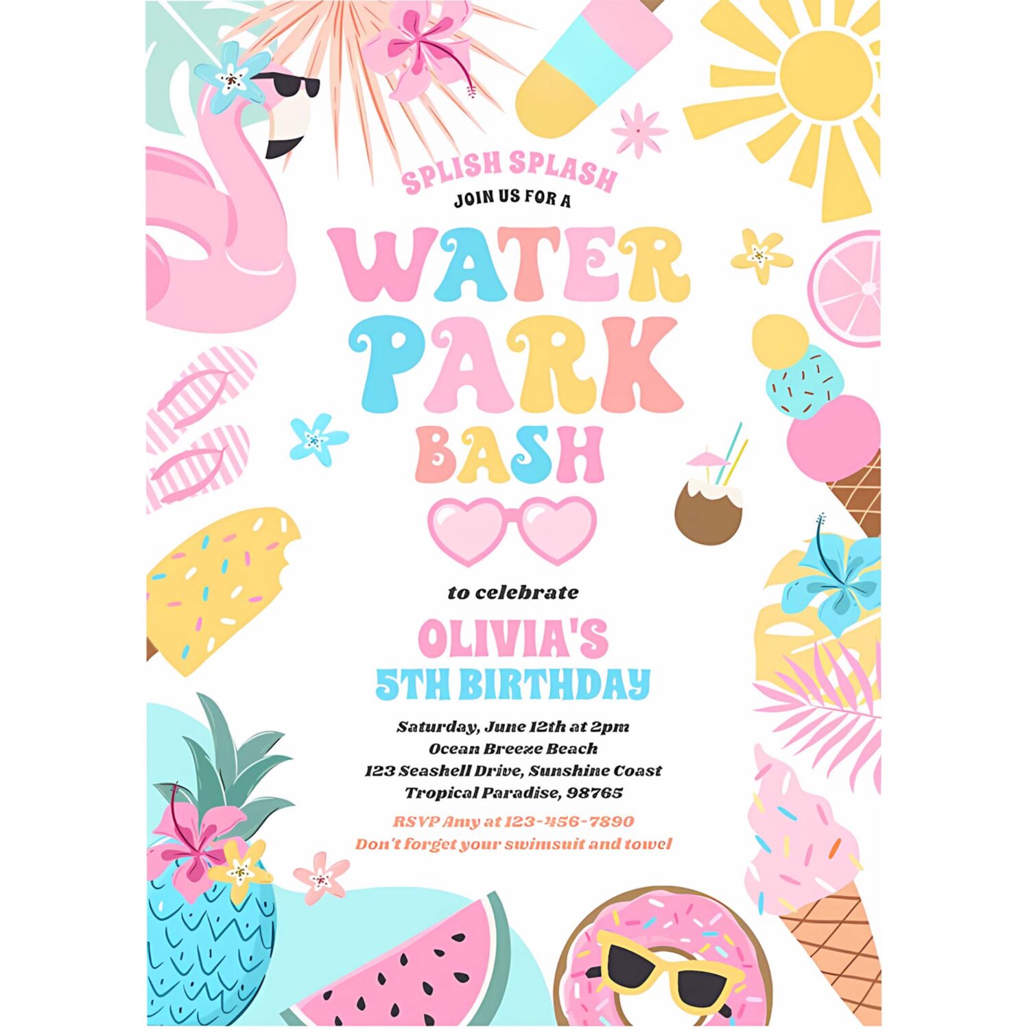 Tropical water park summer birthday party invitation s56j 4