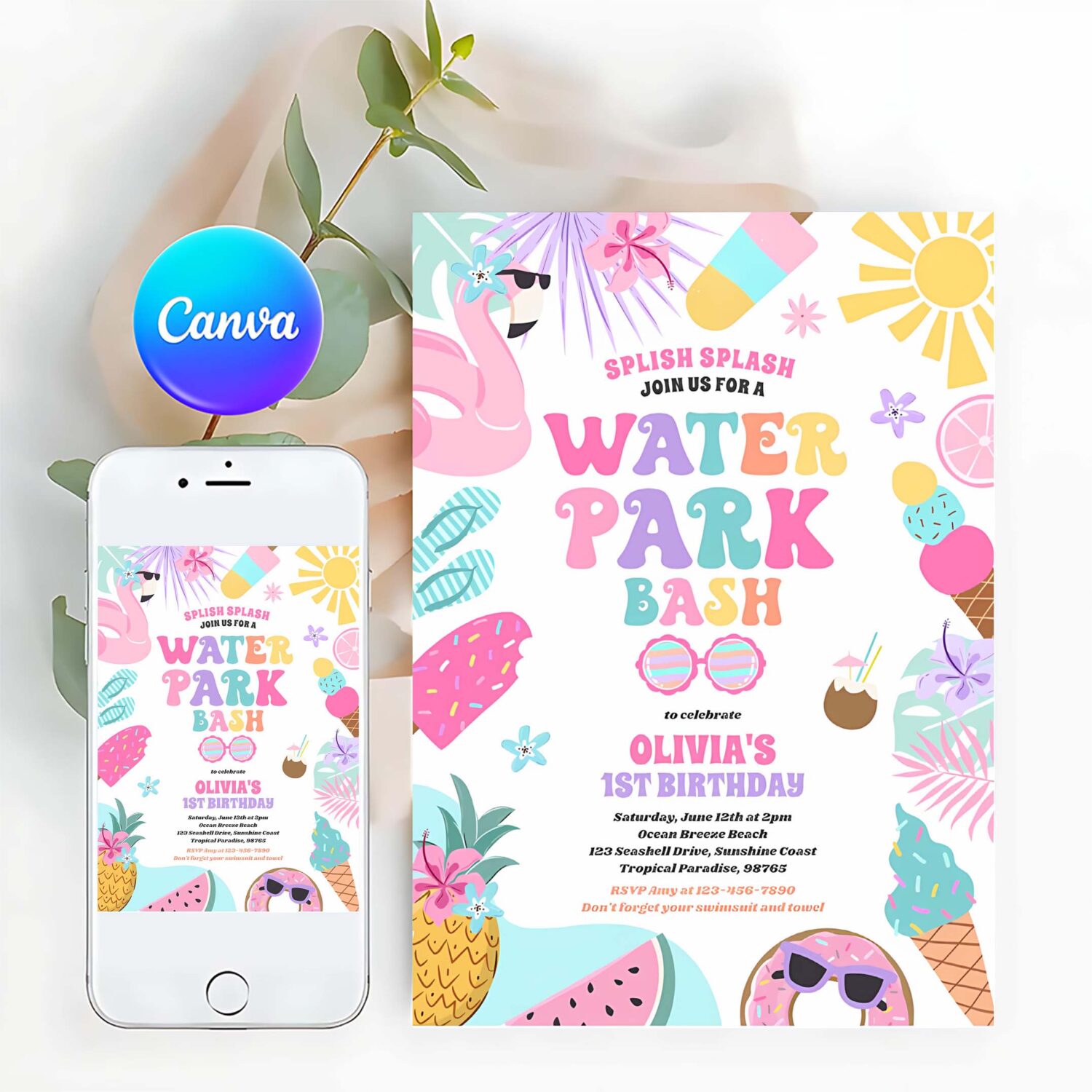 Tropical water park summer birthday party invitation w88c