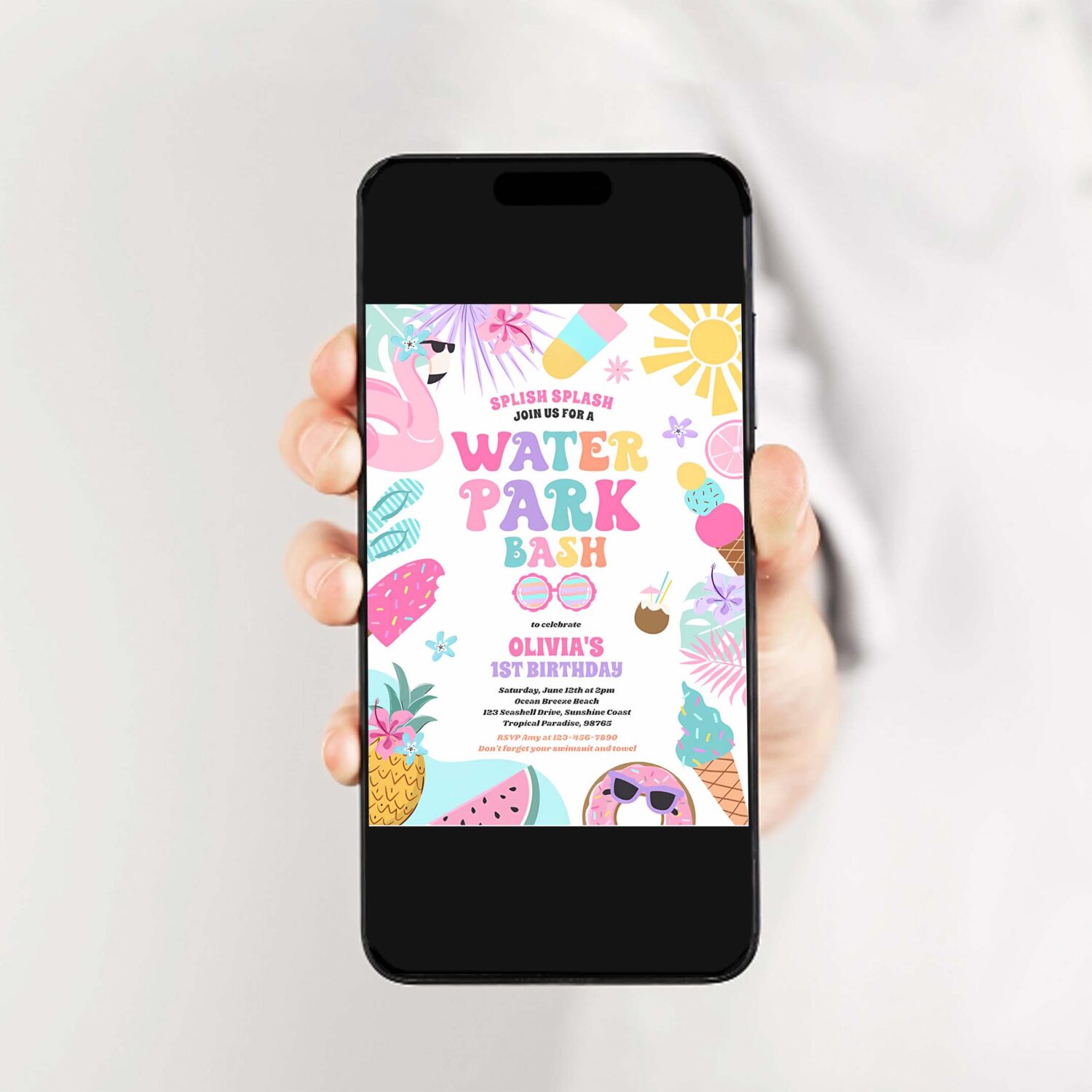 Tropical water park summer birthday party invitation w88c 2