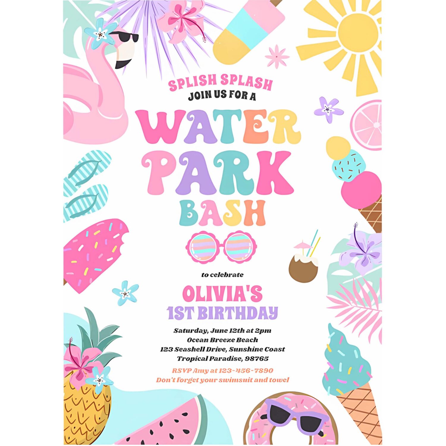 Tropical water park summer birthday party invitation w88c 4