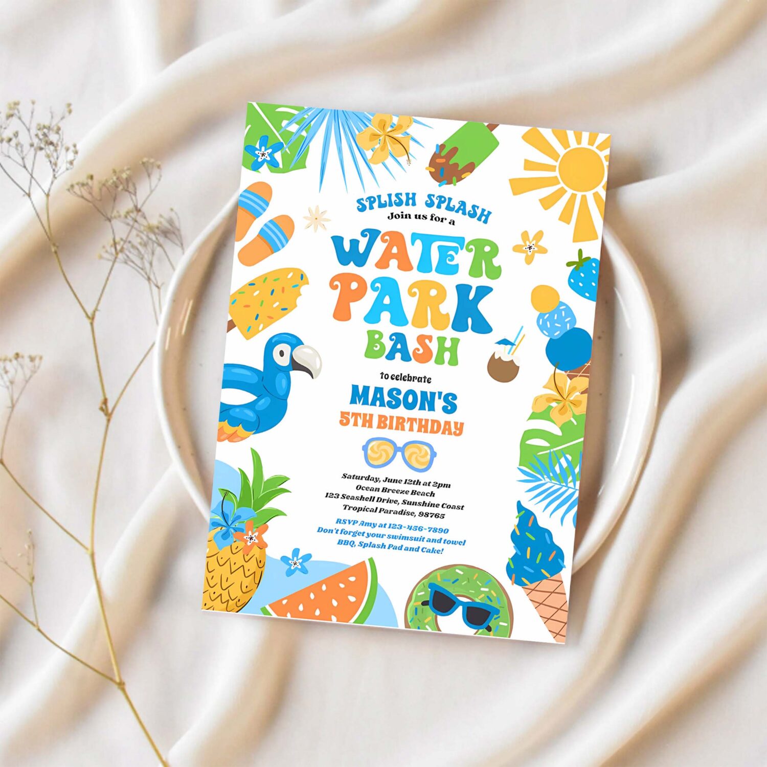 Tropical water park summer birthday party invitation y63m 1