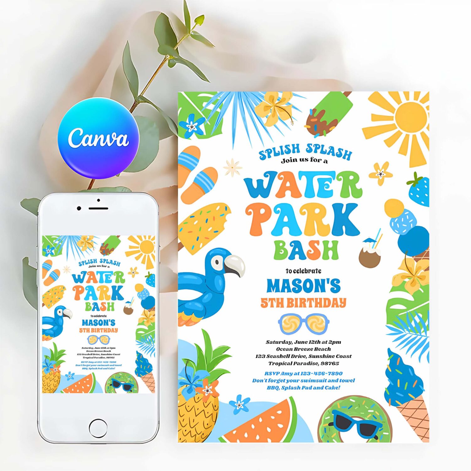 Tropical water park summer birthday party invitation y63m