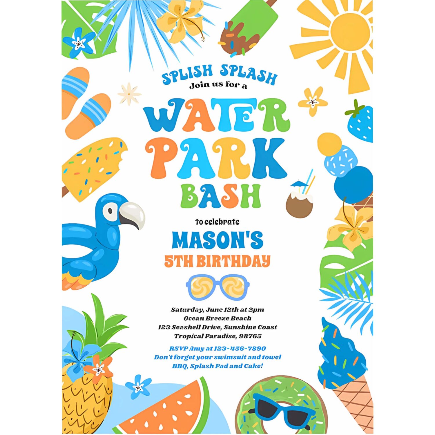 Tropical water park summer birthday party invitation y63m 4