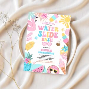 Tropical water slide summer birthday party invitation d83g 1