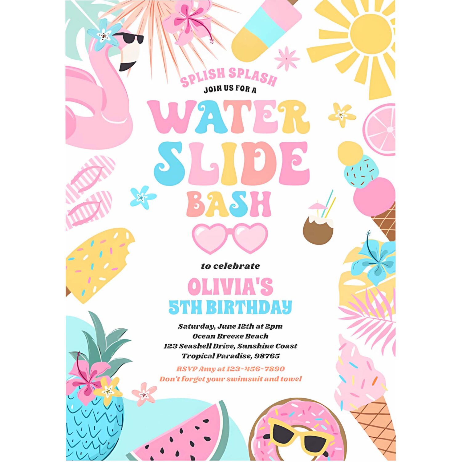 Tropical water slide summer birthday party invitation d83g 4